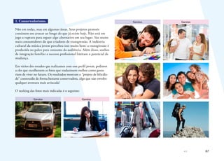 87
1. Conservadorismo.
Não em todas, mas em algumas áreas. Seus projetos pessoais
consistem em crescer ao longo do que já existe hoje. Não está em
jogo a ruptura para erguer algo alternativo em seu lugar. São muito
mais consumidores do que criadores de transgressão. A indústria
cultural da música jovem percebeu isso muito bem: a transgressão é
produzida no palco para consumo da audiência. Além disso, sonhos
de integração familiar e sucesso profissional limitam o potencial de
mudança.
Em vários dos estudos que realizamos com esse perfil jovem, pedimos
a eles que escolhessem as fotos que traduzissem melhor como gosta-
riam de viver no futuro. Os resultados mostram o “projeto de felicida-
de” construído de forma bastante conservadora, algo que não envolve
qualquer aventura mais arriscada!
O ranking das fotos mais indicadas é o seguinte:
Garotos Garotas
Garotos Garotas
 