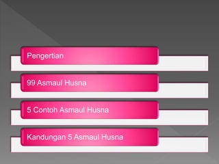 Pengertian
99 Asmaul Husna
5 Contoh Asmaul Husna
Kandungan 5 Asmaul Husna
 