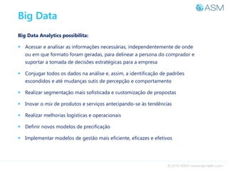 Big Data
Big Data Analytics possibilita:
 Acessar e analisar as informações necessárias, independentemente de onde
ou em que formato foram geradas, para delinear a persona do comprador e
suportar a tomada de decisões estratégicas para a empresa
 Conjugar todos os dados na análise e, assim, a identificação de padrões
escondidos e até mudanças sutis de percepção e comportamento
 Realizar segmentação mais sofisticada e customização de propostas
 Inovar o mix de produtos e serviços antecipando-se às tendências
 Realizar melhorias logísticas e operacionais
 Definir novos modelos de precificação
 Implementar modelos de gestão mais eficiente, eficazes e efetivos
 
