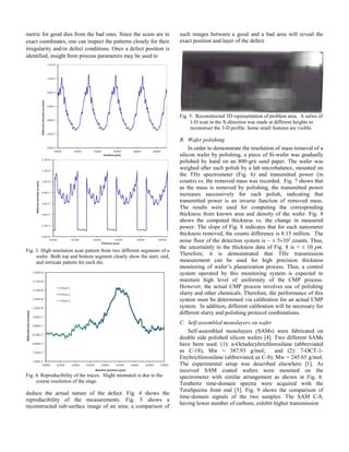 metric for good dies from the bad ones. Since the scans are in
exact coordinates, one can inspect the patterns closely for their
irregularity and/or defect conditions. Once a defect position is
identified, insight from process parameters may be used to
Fig. 3. High resolution scan pattern from two different segments of a
wafer. Both top and bottom segment clearly show the start, end,
and intricate pattern for each die.
Fig. 4. Reproducibility of the traces. Slight mismatch is due to the
course resolution of the stage.
deduce the actual nature of the defect. Fig. 4 shows the
reproducibility of the measurements. Fig. 5 shows a
reconstructed sub-surface image of an area; a comparison of
such images between a good and a bad area will reveal the
exact position and layer of the defect.
Fig. 5. Reconstructed 3D representation of problem area. A series of
1-D scan in the X-direction was made at different heights to
reconstruct the 3-D profile. Some small features are visible.
B. Wafer polishing
In order to demonstrate the resolution of mass removal of a
silicon wafer by polishing, a piece of Si-wafer was gradually
polished by hand on an 800-grit sand paper. The wafer was
weighed after each polish by a lab microbalance, mounted on
the THz spectrometer (Fig. 6) and transmitted power (in
counts) vs. the removed mass was recorded. Fig. 7 shows that
as the mass is removed by polishing, the transmitted power
increases successively for each polish, indicating that
transmitted power is an inverse function of removed mass.
The results were used for computing the corresponding
thickness from known area and density of the wafer. Fig. 8
shows the computed thickness vs. the change in measured
power. The slope of Fig. 8 indicates that for each nanometer
thickness removed, the counts difference is 8.15 million. The
noise floor of the detection system is ~ ± 5103
counts. Thus,
the uncertainly in the thickness data of Fig. 8 is < ± 10 pm.
Therefore, it is demonstrated that THz transmission
measurement can be used for high precision thickness
monitoring of wafer’s planarization process. Thus, a control
system operated by this monitoring system is expected to
maintain high level of uniformity of the CMP process.
However, the actual CMP process involves use of polishing
slurry and other chemicals. Therefore, the performance of this
system must be determined via calibration for an actual CMP
system. In addition, different calibration will be necessary for
different slurry and polishing protocol combinations.
C. Self-assembled monolayers on wafer
Self-assembled monolayers (SAMs) were fabricated on
double side polished silicon wafers [4]. Two different SAMs
have been used. (1): n-Octadecyltrichlorosilane (abbreviated
as C-18), Mw = 387.93 g/mol; and (2): 7-OCT-1-
Enyltrichlorosilane (abbreviated as C-8); Mw = 245.65 g/mol.
The experimental setup was described elsewhere [1]. As
received SAM coated wafers were mounted on the
spectrometer with similar arrangement as shown in Fig. 6.
Terahertz time-domain spectra were acquired with the
TeraSpectra front end [5]. Fig. 9 shows the comparison of
time-domain signals of the two samples. The SAM C-8,
having lower number of carbons, exhibit higher transmission
 