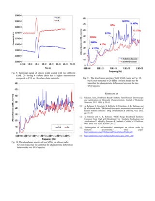 Fig. 9. Temporal signal of silicon wafer coated with two different
SAM. C8 having 8 carbon chain has a higher transmission
compared to C18, an 18 carbon chain molecule.
Fig. 10. The absorbance spectra of two SAMs on silicon wafer.
Several peaks may be identified for characteristic differences
between the two SAM species.
REFERENCES
[1] Rahman, Anis., Dendrimer Based Terahertz Time-Domain Spectroscopy
and Applications in Molecular Characterization. Journal of Molecular
Structure, 2011. 1006: p. 59-65.
[2] A. Rahman, S. Frenchek, B. Kilfoyle, L. Patterkine, A. K. Rahman, and
B. Michiniak-Kohn, “Diffusion kinetics and permeation concentration of
human stratum corneum,” Drug Development & Delivery, May 2012,
pp. 43–49.
[3] A. Rahman and A. K. Rahman, “Wide Range Broadband Terahertz
Emission From High (2) Dendrimer,” in Terahertz Technology and
Applications V, edited by Laurence P. Sadwick, Créidhe M. O'Sullivan,
Proc. SPIE Vol. 8261, 82610H (2012).
[4] “Investigation of self-assembled monolayers on silicon wafer by
terahertz spectrometry,” white paper:
http://arphotonics.net/THzSpectraSAMonSiliconWafer.pdf.
[5] http://arphotonics.net/TeraSpectraBrochure_spec_2011_.pdf
Fig. 11. The absorbance spectra of both SAMs (same as Fig. 10,
but X-axis truncated to 20 THz). Several peaks may be
identified for characteristic differences between the two
SAM species.
 