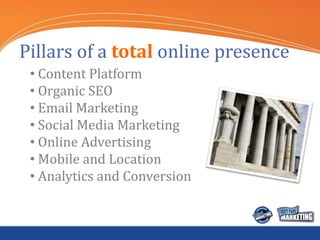 Pillars of a total online presence
 • Content Platform
 • Organic SEO
 • Email Marketing
 • Social Media Marketing
 • Onli...