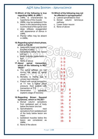 ASM New Booklet – Neuroscience
P a g e | 135
15.Which of the following is true
regarding UMNL & LMNL?
a. LMNL is characterized by
hypertonia of the muscle
b. UMNL may be ipsilateral if the
lesion in the descending tracts
is at the level of the spinal cord
c. deep reflexes exaggerated
with appearance of clonus in
LMNL
d. Plantar reflex may be absent
in UMNL
16.Regarding spinal shock phase,
which is FALSE
a. Autonomic bowel and bladder
function is intact
b. Sensations below the lesion
are lost
c. Motor function below lesion is
lost
d. None of above
17.About spinal transaction,
which of the following is NOT
TRUE?
a. The spinal reflexes are lost
during the stage of spinal
shock
b. Mortality is mainly due to
urinary tract infection
c. Patient with spinal transaction
at T1 has a higher blood
pressure than patient with
transaction at T12
d. Denervation sensitivity
explains stage of recovery
18.Regarding Brown Squared
syndrome, which is FALSE?
a. Dorsal column sensations
from ipsilateral part of body
below the lesion are lost
b. Spinothalamic tract
sensations from ipsilateral part
of the body below lesion are
intact
c. Ipsilateral muscles below the
lesion are considered as
UMNL
d. None of the above
19.Which of the following may not
be affected in syringomyelia?
a. Lateral spinothalamic tract
b. Dorsal column lemniscus
pathway
c. Lower motor neuron
d. None of above
1- D
2- D
3- C
4- D
5- B
6- A
7- B
8- A
9- B
10- B
11- A
12- A
13- B
14- C
15- D
16- A
17- C
18- D
19- B
 