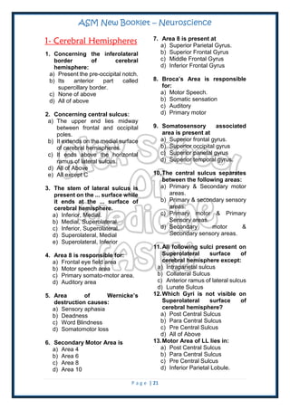 ASM New Booklet – Neuroscience
P a g e | 21
1- Cerebral Hemispheres
1. Concerning the inferolateral
border of cerebral
hemisphere:
a) Present the pre-occipital notch.
b) Its anterior part called
supercillary border.
c) None of above
d) All of above
2. Concerning central sulcus:
a) The upper end lies midway
between frontal and occipital
poles.
b) It extends on the medial surface
of cerebral hemispheres.
c) It ends above the horizontal
ramus of lateral sulcus.
d) All of Above
e) All except C
3. The stem of lateral sulcus is
present on the ... surface while
it ends at the ... surface of
cerebral hemisphere.
a) Inferior, Medial.
b) Medial, Superolateral.
c) Inferior, Superolateral.
d) Superolateral, Medial
e) Superolateral, Inferior
4. Area 8 is responsible for:
a) Frontal eye field area
b) Motor speech area
c) Primary somato-motor area.
d) Auditory area
5. Area of Wernicke’s
destruction causes:
a) Sensory aphasia
b) Deadness
c) Word Blindness
d) Somatomotor loss
6. Secondary Motor Area is
a) Area 4
b) Area 6
c) Area 8
d) Area 10
7. Area 8 is present at
a) Superior Parietal Gyrus.
b) Superior Frontal Gyrus
c) Middle Frontal Gyrus
d) Inferior Frontal Gyrus
8. Broca’s Area is responsible
for:
a) Motor Speech.
b) Somatic sensation
c) Auditory
d) Primary motor
9. Somatosensory associated
area is present at
a) Superior frontal gyrus.
b) Superior occipital gyrus
c) Superior parietal gyrus
d) Superior temporal gyrus.
10.The central sulcus separates
between the following areas:
a) Primary & Secondary motor
areas.
b) Primary & secondary sensory
areas.
c) Primary motor & Primary
Sensory areas.
d) Secondary motor &
Secondary sensory areas.
11.All following sulci present on
Superolateral surface of
cerebral hemisphere except:
a) Intraparietal sulcus
b) Collateral Sulcus
c) Anterior ramus of lateral sulcus
d) Lunate Sulcus
12.Which Gyri is not visible on
Superolateral surface of
cerebral hemisphere?
a) Post Central Sulcus
b) Para Central Sulcus
c) Pre Central Sulcus
d) All of Above
13.Motor Area of LL lies in:
a) Post Central Sulcus
b) Para Central Sulcus
c) Pre Central Sulcus
d) Inferior Parietal Lobule.
 