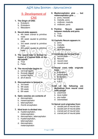ASM New Booklet – Neuroscience
P a g e | 62
5- Development of
CNS
1. The Origin of CNS:
a. Ectoderm
b. Endoderm
c. Mesoderm
2. Neural plate appears
a. 4th week cranial to primitive
node
b. 4th week caudal to primitive
node
c. 3rd week cranial to primitive
node
d. 3rd week caudal to primitive
node
3. The neural tube is formed by
fusion of 2 neural folds at the
4th month
a. True
b. False
4. The neural tube begins in:
a. cervical region
b. thoracic region
c. lumbar region
d. all of above
5. Diencephalon is formed in
a. 3rd week
b. 4th week
c. 5th week
d. 6th week
6. Optic vesicles are contents of
a. diencephalon
b. mesencephalon
c. telencephalon
d. rhomb encephalon
7. Hind brain is divided into:
a. myelencephalon,
metencephalon
b. diencephalon, telencephalon
c. myelencephalon,
telencephalon
d. diencephalon,
metencephalon
8. Myelencephalon give … but
metencephalon give …
a. pons, medulla
b. medulla, pons
c. midbrain, medulla
d. midbrain, pons
9. Pontine flexure appears
between medulla and pons
a. True
b. False
10.Cephalic flexure appears in:
a. pons
b. medulla
c. midbrain
d. all of the above
11.Ventricles are formed from
a. neural plate
b. flexures
c. neural crest
d. neural canal
12.Neural crest cells originate
from:
a. Ectoderm
b. neural plate
c. Endoderm
d. A & B
e. A & C
13.All of the following are
derivatives from neural crest
cells except:
a. arachnoid
b. dura matter
c. pia matter
d. odontoblast
14.Spinal cord originates from:
a. caudal part of neural tube
b. caudal part of neural plate
c. cranial part of neural tube
d. cranial part of neural plate
 