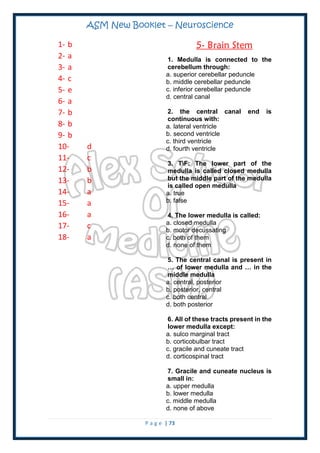 ASM New Booklet – Neuroscience
P a g e | 73
1- b
2- a
3- a
4- c
5- e
6- a
7- b
8- b
9- b
10- d
11- c
12- b
13- b
14- a
15- a
16- a
17- c
18- a
5- Brain Stem
1. Medulla is connected to the
cerebellum through:
a. superior cerebellar peduncle
b. middle cerebellar peduncle
c. inferior cerebellar peduncle
d. central canal
2. the central canal end is
continuous with:
a. lateral ventricle
b. second ventricle
c. third ventricle
d. fourth ventricle
3. TF: The lower part of the
medulla is called closed medulla
but the middle part of the medulla
is called open medulla
a. true
b. false
4. The lower medulla is called:
a. closed medulla
b. motor decussating
c. both of them
d. none of them
5. The central canal is present in
… of lower medulla and … in the
middle medulla
a. central, posterior
b. posterior, central
c. both central
d. both posterior
6. All of these tracts present in the
lower medulla except:
a. sulco marginal tract
b. corticobulbar tract
c. gracile and cuneate tract
d. corticospinal tract
7. Gracile and cuneate nucleus is
small in:
a. upper medulla
b. lower medulla
c. middle medulla
d. none of above
 