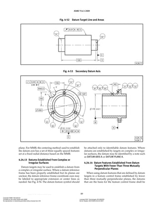ASME Y14.5-2009
89
Fig. 4-52 Datum Target Line and Areas
Fig. 4-53 Secondary Datum Axis
plane. For MMB, the centering method used to establish
the datum axis has a set of three equally spaced features
set at a fixed radial distance based on the MMB.
4.24.13 Datums Established From Complex or
Irregular Surfaces
Datum targets may be used to establish a datum from
a complex or irregular surface. Where a datum reference
frame has been properly established but its planes are
unclear, the datum reference frame coordinate axes may
be labeled to appropriate extension or center lines as
needed. See Fig. 4-54. The datum feature symbol should
be attached only to identifiable datum features. Where
datums are established by targets on complex or irregu-
lar surfaces, the datum may be identified by a note such
as DATUM AXIS A or DATUM PLANE A.
4.24.14 Datum Features Established From Datum
Targets With Fewer Than Three Mutually
Perpendicular Planes
When using datum features that are defined by datum
targets in a feature control frame established by fewer
than three mutually perpendicular planes, the datums
that are the basis for the feature control frame shall be
Copyright ASME International
Provided by IHS under license with ASME Licensee=FMC Technologies /5914950002
Not for Resale, 05/07/2009 00:24:44 MDT
No reproduction or networking permitted without license from IHS
--`,,`,,,``,`,``,,``,`,`,,,`,`,`-`-`,,`,,`,`,,`---
 