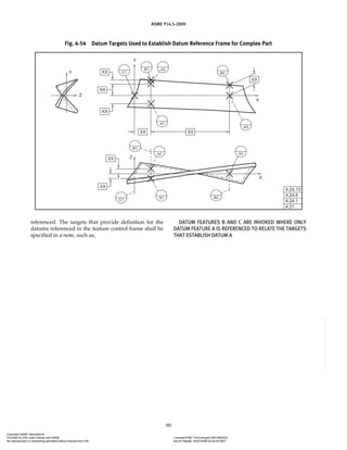 ASME Y14.5-2009
90
referenced. The targets that provide definition for the
datums referenced in the feature control frame shall be
specified in a note, such as,
DATUM FEATURES B AND C ARE INVOKED WHERE ONLY
DATUM FEATURE A IS REFERENCED TO RELATE THE TARGETS
THAT ESTABLISH DATUM A
Fig. 4-54 Datum Targets Used to Establish Datum Reference Frame for Complex Part
Copyright ASME International
Provided by IHS under license with ASME Licensee=FMC Technologies /5914950002
Not for Resale, 05/07/2009 00:24:44 MDT
No reproduction or networking permitted without license from IHS
--`,,`,,,``,`,``,,``,`,`,,,`,`,`-`-`,,`,,`,`,,`---
 