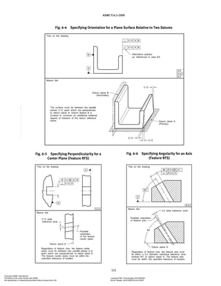 ASME Y14.5-2009
101
Fig. 6-4 Specifying Orientation for a Plane Surface Relative to Two Datums
Fig. 6-5 Specifying Perpendicularity for a
Center Plane (Feature RFS)
Fig. 6-6 Specifying Angularity for an Axis
(Feature RFS)
Copyright ASME International
Provided by IHS under license with ASME Licensee=FMC Technologies /5914950002
Not for Resale, 05/07/2009 00:24:44 MDT
No reproduction or networking permitted without license from IHS
--`,,`,,,``,`,``,,``,`,`,,,`,`,`-`-`,,`,,`,`,,`---
 