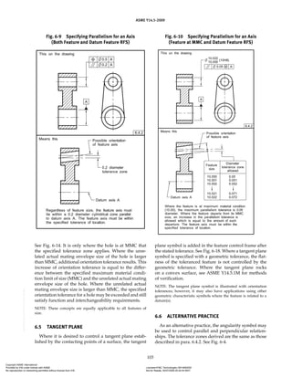 ASME Y14.5-2009
103
Fig. 6-9 Specifying Parallelism for an Axis
(Both Feature and Datum Feature RFS)
Fig. 6-10 Specifying Parallelism for an Axis
(Feature at MMC and Datum Feature RFS)
See Fig. 6-14. It is only where the hole is at MMC that
the specified tolerance zone applies. Where the unre-
lated actual mating envelope size of the hole is larger
than MMC, additional orientation tolerance results. This
increase of orientation tolerance is equal to the differ-
ence between the specified maximum material condi-
tion limit of size (MMC) and the unrelated actual mating
envelope size of the hole. Where the unrelated actual
mating envelope size is larger than MMC, the specified
orientation tolerance for a hole may be exceeded and still
satisfy function and interchangeability requirements.
NOTE: These concepts are equally applicable to all features of
size.
6.5 TANGENT PLANE
Where it is desired to control a tangent plane estab-
lished by the contacting points of a surface, the tangent
plane symbol is added in the feature control frame after
the stated tolerance. See Fig. 6-18. Where a tangent plane
symbol is specified with a geometric tolerance, the flat-
ness of the toleranced feature is not controlled by the
geometric tolerance. Where the tangent plane rocks
on a convex surface, see ASME Y14.5.1M for methods
of verification.
NOTE: The tangent plane symbol is illustrated with orientation
tolerances; however, it may also have applications using other
geometric characteristic symbols where the feature is related to a
datum(s).
6.6 ALTERNATIVE PRACTICE
As an alternative practice, the angularity symbol may
be used to control parallel and perpendicular relation-
ships. The tolerance zones derived are the same as those
described in para. 6.4.2. See Fig. 6-4.
Copyright ASME International
Provided by IHS under license with ASME Licensee=FMC Technologies /5914950002
Not for Resale, 05/07/2009 00:24:44 MDT
No reproduction or networking permitted without license from IHS
--`,,`,,,``,`,``,,``,`,`,,,`,`,`-`-`,,`,,`,`,,`---
 