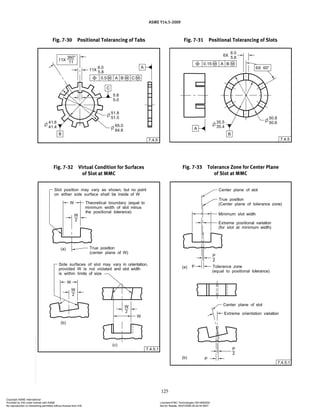 ASME Y14.5-2009
125
Fig. 7-30 Positional Tolerancing of Tabs Fig. 7-31 Positional Tolerancing of Slots
Fig. 7-32 Virtual Condition for Surfaces
of Slot at MMC
Fig. 7-33 Tolerance Zone for Center Plane
of Slot at MMC
Copyright ASME International
Provided by IHS under license with ASME Licensee=FMC Technologies /5914950002
Not for Resale, 05/07/2009 00:24:44 MDT
No reproduction or networking permitted without license from IHS
--`,,`,,,``,`,``,,``,`,`,,,`,`,`-`-`,,`,,`,`,,`---
 
