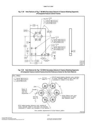 ASME Y14.5-2009
133
Fig. 7-39 Hole Patterns of Fig. 7-38 With Secondary Datums in Feature-Relating Segments
of Composite Feature Control Frames
Fig. 7-39 Hole Patterns for Fig. 7-39 With Secondary Datums in Feature-Relating Segments
of Composite Feature Control Frames (Cont’d) (Tolerance Zones for Six-Hole Pattern)
Copyright ASME International
Provided by IHS under license with ASME Licensee=FMC Technologies /5914950002
Not for Resale, 05/07/2009 00:24:44 MDT
No reproduction or networking permitted without license from IHS
--`,,`,,,``,`,``,,``,`,`,,,`,`,`-`-`,,`,,`,`,,`---
 