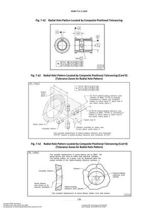 ASME Y14.5-2009
138
Fig. 7-42 Radial Hole Pattern Located by Composite Positional Tolerancing
Fig. 7-42 Radial Hole Pattern Located by Composite Positional Tolerancing (Cont’d)
(Tolerance Zones for Radial Hole Pattern)
Fig. 7-42 Radial Hole Pattern Located by Composite Positional Tolerancing (Cont’d)
(Tolerance Zones for Radial Hole Pattern)
Copyright ASME International
Provided by IHS under license with ASME Licensee=FMC Technologies /5914950002
Not for Resale, 05/07/2009 00:24:44 MDT
No reproduction or networking permitted without license from IHS
--`,,`,,,``,`,``,,``,`,`,,,`,`,`-`-`,,`,,`,`,,`---
 