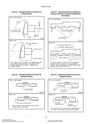 ASME Y14.5-2009
166
Fig. 8-13 Specifying Profile of a Surface for
a Plane Surface
Fig. 8-14 Specifying Profile of a Surface for
Coplanar Surfaces
Fig. 8-15 Specifying Profile of a Surface for
Coplanar Surfaces to a Datum Established by
Two Surfaces
Fig. 8-16 Specifying Profile of a Surface for
Stepped Surfaces
Copyright ASME International
Provided by IHS under license with ASME Licensee=FMC Technologies /5914950002
Not for Resale, 05/07/2009 00:24:44 MDT
No reproduction or networking permitted without license from IHS
--`,,`,,,``,`,``,,``,`,`,,,`,`,`-`-`,,`,,`,`,,`---
 