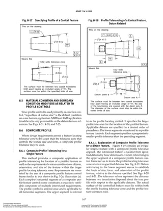 ASME Y14.5-2009
167
Fig. 8-17 Specifying Profile of a Conical Feature
8.5 MATERIAL CONDITION AND BOUNDARY
CONDITION MODIFIERS AS RELATED TO
PROFILE CONTROLS
Since profile control is used primarily as a surface con-
trol, “regardless of feature size” is the default condition
on a size feature application. MMB and LMB application
(modifiers) is only permissible on the datum feature ref-
erences. See Figs. 4-31, 4-39, and 7-55.
8.6 COMPOSITE PROFILE
Where design requirements permit a feature locating
tolerance zone to be larger than the tolerance zone that
controls the feature size and form, a composite profile
tolerance may be used.
8.6.1 Composite Profile Tolerancing for a
Single Feature
This method provides a composite application of
profile tolerancing for location of a profiled feature as
well as the requirement of various combinations of form,
orientation, and size of the feature within the larger
profile locating tolerance zone. Requirements are anno-
tated by the use of a composite profile feature control
frame similar to that shown in Fig. 3-26, illustration (a).
Each complete horizontal segment of a composite pro-
file feature control frame constitutes a separately verifi-
able component of multiple interrelated requirements.
The profile symbol is entered once and is applicable to
all horizontal segments. The upper segment is referred
to as the profile locating control. It specifies the larger
profile tolerance for the location of the profiled feature.
Applicable datums are specified in a desired order of
precedence. The lower segments are referred to as profile
feature controls. Each segment specifies a progressively
smaller profile tolerance than the preceding segment.
8.6.1.1 Explanation of Composite Profile Tolerance
for a Single Feature. Figure 8-19 contains an irregu-
lar shaped feature with a composite profile tolerance
applied. The toleranced feature is located from speci-
fied datums by basic dimensions. Datum referencing in
the upper segment of a composite profile feature con-
trol frame serves to locate the profile locating tolerance
zone relative to specified datums. See Fig. 8-19. Datum
referencing in the lower segment serves to establish
the limits of size, form, and orientation of the profile
feature, relative to the datums specified. See Figs. 8-20
and 8-21. The tolerance values represent the distance
between two boundaries disposed about the true pro-
file with respect to the applicable datums. The actual
surface of the controlled feature must lie within both
the profile locating tolerance zone and the profile fea-
ture tolerance zone.
Fig. 8-18 Profile Tolerancing of a Conical Feature,
Datum Related
Copyright ASME International
Provided by IHS under license with ASME Licensee=FMC Technologies /5914950002
Not for Resale, 05/07/2009 00:24:44 MDT
No reproduction or networking permitted without license from IHS
--`,,`,,,``,`,``,,``,`,`,,,`,`,`-`-`,,`,,`,`,,`---
 