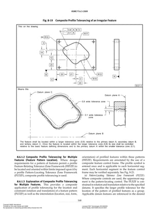 ASME Y14.5-2009
168
Fig. 8-19 Composite Profile Tolerancing of an Irregular Feature
8.6.1.2 Composite Profile Tolerancing for Multiple
Features (Feature Pattern Location). Where design
requirements for a pattern of features permit a profile
Feature-Relating Tolerance Zone Framework (FRTZF) to
be located and oriented within limits imposed upon it by
a profile Pattern-Locating Tolerance Zone Framework
(PLTZF), composite profile tolerancing is used.
8.6.1.3 Explanation of Composite Profile Tolerancing
for Multiple Features. This provides a composite
application of profile tolerancing for the location and
constraint (rotation and translation) of a feature pattern
(PLTZF) as well as the interrelation (location, size, form,
orientation) of profiled features within these patterns
(FRTZF). Requirements are annotated by the use of a
composite feature control frame. The profile symbol is
entered once and is applicable to each horizontal seg-
ment. Each horizontal segment in the feature control
frame may be verified separately. See Fig. 8-21.
(a) Pattern-Locating Tolerance Zone Framework (PLTZF).
Where composite controls are used, the uppermost seg-
ment is the pattern-locating control. The PLTZF is con-
strainedinrotationandtranslationrelativetothespecified
datums. It specifies the larger profile tolerance for the
location of the pattern of profiled features as a group.
Applicable datum features are referenced in the desired
Copyright ASME International
Provided by IHS under license with ASME Licensee=FMC Technologies /5914950002
Not for Resale, 05/07/2009 00:24:44 MDT
No reproduction or networking permitted without license from IHS
--`,,`,,,``,`,``,,``,`,`,,,`,`,`-`-`,,`,,`,`,,`---
 