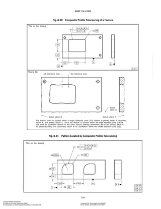 ASME Y14.5-2009
169
Fig. 8-20 Composite Profile Tolerancing of a Feature
Fig. 8-21 Pattern Located by Composite Profile Tolerancing
Copyright ASME International
Provided by IHS under license with ASME Licensee=FMC Technologies /5914950002
Not for Resale, 05/07/2009 00:24:44 MDT
No reproduction or networking permitted without license from IHS
--`,,`,,,``,`,``,,``,`,`,,,`,`,`-`-`,,`,,`,`,,`---
 