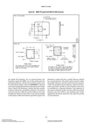 ASME Y14.5-2009
176
lie outside the boundary. For an external feature, the
boundary equals the MMC size of the profile plus the
positional tolerance, and the entire feature surface must
lie within the boundary. The term BOUNDARY is optional
and may be placed beneath the positional feature control
frame. Figure 8-25 illustrates a surface that has a profile
tolerance refined by a parallelism tolerance. The surface
must not only be within the profile tolerance, but each
straight line element of the surface must also be parallel
to the datum within the tolerance specified. Figure 8-26
illustrates a surface that has a profile tolerance refined
by a runout tolerance. The entire surface must be within
the profile tolerance, and the circular elements must be
within the specified runout tolerance. Figure 8-27 illus-
trates a part with a profile of a line tolerance where size
is controlled by a separate tolerance. Line elements of
the surface along the profile must lie within the profile
tolerance zone and within a size limiting zone. In this
application, the datum references only orient the profile
of a line tolerance.
Fig. 8-24 MMC Principle Used With Profile Controls
Copyright ASME International
Provided by IHS under license with ASME Licensee=FMC Technologies /5914950002
Not for Resale, 05/07/2009 00:24:44 MDT
No reproduction or networking permitted without license from IHS
--`,,`,,,``,`,``,,``,`,`,,,`,`,`-`-`,,`,,`,`,,`---
 