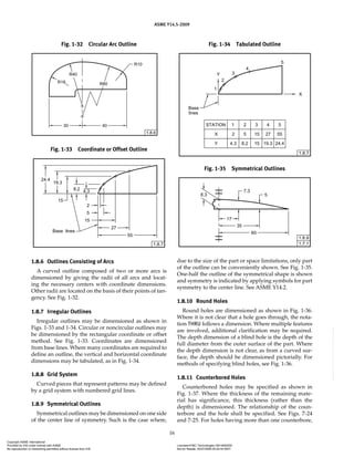 ASME Y14.5-2009
16
Fig. 1-32 Circular Arc Outline
Fig. 1-33 Coordinate or Offset Outline
Fig. 1-34 Tabulated Outline
1.8.6 Outlines Consisting of Arcs
A curved outline composed of two or more arcs is
dimensioned by giving the radii of all arcs and locat-
ing the necessary centers with coordinate dimensions.
Other radii are located on the basis of their points of tan-
gency. See Fig. 1-32.
1.8.7 Irregular Outlines
Irregular outlines may be dimensioned as shown in
Figs. 1-33 and 1-34. Circular or noncircular outlines may
be dimensioned by the rectangular coordinate or offset
method. See Fig. 1-33. Coordinates are dimensioned
from base lines. Where many coordinates are required to
define an outline, the vertical and horizontal coordinate
dimensions may be tabulated, as in Fig. 1-34.
1.8.8 Grid System
Curved pieces that represent patterns may be defined
by a grid system with numbered grid lines.
1.8.9 Symmetrical Outlines
Symmetrical outlines may be dimensioned on one side
of the center line of symmetry. Such is the case where,
due to the size of the part or space limitations, only part
of the outline can be conveniently shown. See Fig. 1-35.
One-half the outline of the symmetrical shape is shown
and symmetry is indicated by applying symbols for part
symmetry to the center line. See ASME Y14.2.
1.8.10 Round Holes
Round holes are dimensioned as shown in Fig. 1-36.
Where it is not clear that a hole goes through, the nota-
tion THRU follows a dimension. Where multiple features
are involved, additional clarification may be required.
The depth dimension of a blind hole is the depth of the
full diameter from the outer surface of the part. Where
the depth dimension is not clear, as from a curved sur-
face, the depth should be dimensioned pictorially. For
methods of specifying blind holes, see Fig. 1-36.
1.8.11 Counterbored Holes
Counterbored holes may be specified as shown in
Fig. 1-37. Where the thickness of the remaining mate-
rial has significance, this thickness (rather than the
depth) is dimensioned. The relationship of the coun-
terbore and the hole shall be specified. See Figs. 7-24
and 7-25. For holes having more than one counterbore,
Fig. 1-35 Symmetrical Outlines
Copyright ASME International
Provided by IHS under license with ASME Licensee=FMC Technologies /5914950002
Not for Resale, 05/07/2009 00:24:44 MDT
No reproduction or networking permitted without license from IHS
--`,,`,,,``,`,``,,``,`,`,,,`,`,`-`-`,,`,,`,`,,`---
 