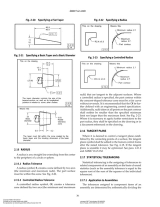 ASME Y14.5-2009
36
2.15 RADIUS
A radius is any straight line extending from the center
to the periphery of a circle or sphere.
2.15.1 Radius Tolerance
A radius symbol, R, creates a zone defined by two arcs
(the minimum and maximum radii). The part surface
must lie within this zone. See Fig. 2-22.
2.15.2 Controlled Radius Tolerance
A controlled radius symbol, CR, creates a tolerance
zone defined by two arcs (the minimum and maximum
radii) that are tangent to the adjacent surfaces. Where
a controlled radius is specified, the part contour within
the crescent-shaped tolerance zone must be a fair curve
without reversals. It is recommended that the CR be fur-
ther defined with an engineering control specification.
Additionally, radii taken at all points on the part contour
shall neither be smaller than the specified minimum
limit nor larger than the maximum limit. See Fig. 2-23.
Where it is necessary to apply further restrictions to the
part radius, they shall be specified on the drawing or in
a document referenced on the drawing.
2.16 TANGENT PLANE
Where it is desired to control a tangent plane estab-
lished by the contacting points of a surface, the tangent
plane symbol shall be added in the feature control frame
after the stated tolerance. See Fig. 6-18. If the tangent
plane is unstable it may be optimized. See para. 4.11.2
and ASME Y14.5.1M.
2.17 STATISTICAL TOLERANCING
Statistical tolerancing is the assigning of tolerances to
related components of an assembly on the basis of sound
statistics (such as the assembly tolerance is equal to the
square root of the sum of the squares of the individual
tolerances).
2.17.1 Application to Assemblies
The tolerances assigned to component items of an
assembly are determined by arithmetically dividing the
Fig. 2-20 Specifying a Flat Taper
Fig. 2-21 Specifying a Basic Taper and a Basic Diameter
Fig. 2-22 Specifying a Radius
Fig. 2-23 Specifying a Controlled Radius
Copyright ASME International
Provided by IHS under license with ASME Licensee=FMC Technologies /5914950002
Not for Resale, 05/07/2009 00:24:44 MDT
No reproduction or networking permitted without license from IHS
--`,,`,,,``,`,
 