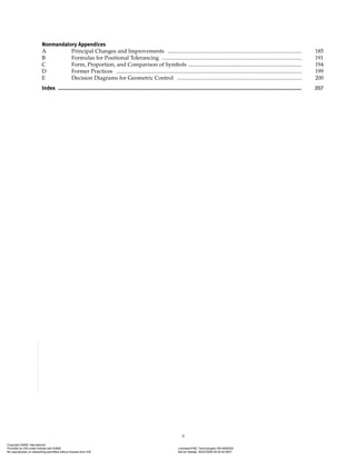 v
Nonmandatory Appendices
A Principal Changes and Improvements ................................................................................................. 185
B Formulas for Positional Tolerancing ..................................................................................................... 191
C Form, Proportion, and Comparison of Symbols .................................................................................. 194
D Former Practices ...................................................................................................................................... 199
E Decision Diagrams for Geometric Control .......................................................................................... 200
Index ..................................................................................................................................................................... 207
Copyright ASME International
Provided by IHS under license with ASME Licensee=FMC Technologies /5914950002
Not for Resale, 05/07/2009 00:24:44 MDT
No reproduction or networking permitted without license from IHS
--`,,`,,,``,`,``,,``,`,`,,,`,`,`-`-`,,`,,`,`,,`---
 