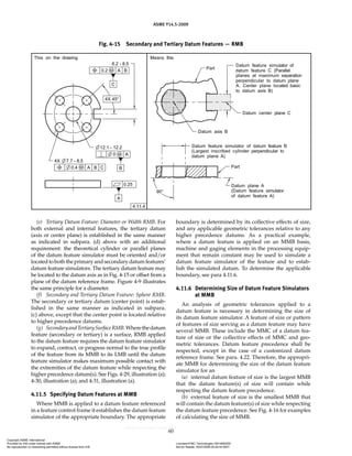 ASME Y14.5-2009
60
Fig. 4-15 Secondary and Tertiary Datum Features — RMB
(e) Tertiary Datum Feature: Diameter or Width RMB. For
both external and internal features, the tertiary datum
(axis or center plane) is established in the same manner
as indicated in subpara. (d) above with an additional
requirement: the theoretical cylinder or parallel planes
of the datum feature simulator must be oriented and/or
locatedtoboththeprimaryandsecondarydatumfeatures’
datum feature simulators. The tertiary datum feature may
be located to the datum axis as in Fig. 4-15 or offset from a
plane of the datum reference frame. Figure 4-9 illustrates
the same principle for a diameter.
(f) Secondary and Tertiary Datum Feature: Sphere RMB.
The secondary or tertiary datum (center point) is estab-
lished in the same manner as indicated in subpara.
(c) above, except that the center point is located relative
to higher precedence datums.
(g) SecondaryandTertiarySurfaceRMB.Wherethedatum
feature (secondary or tertiary) is a surface, RMB applied
to the datum feature requires the datum feature simulator
to expand, contract, or progress normal to the true profile
of the feature from its MMB to its LMB until the datum
feature simulator makes maximum possible contact with
the extremities of the datum feature while respecting the
higher precedence datum(s). See Figs. 4-29, illustration (a);
4-30, illustration (a); and 4-31, illustration (a).
4.11.5 Specifying Datum Features at MMB
Where MMB is applied to a datum feature referenced
in a feature control frame it establishes the datum feature
simulator of the appropriate boundary. The appropriate
boundary is determined by its collective effects of size,
and any applicable geometric tolerances relative to any
higher precedence datums. As a practical example,
where a datum feature is applied on an MMB basis,
machine and gaging elements in the processing equip-
ment that remain constant may be used to simulate a
datum feature simulator of the feature and to estab-
lish the simulated datum. To determine the applicable
boundary, see para 4.11.6.
4.11.6 Determining Size of Datum Feature Simulators
at MMB
An analysis of geometric tolerances applied to a
datum feature is necessary in determining the size of
its datum feature simulator. A feature of size or pattern
of features of size serving as a datum feature may have
several MMB. These include the MMC of a datum fea-
ture of size or the collective effects of MMC and geo-
metric tolerances. Datum feature precedence shall be
respected, except in the case of a customized datum
reference frame. See para. 4.22. Therefore, the appropri-
ate MMB for determining the size of the datum feature
simulator for an
(a) internal datum feature of size is the largest MMB
that the datum feature(s) of size will contain while
respecting the datum feature precedence.
(b) external feature of size is the smallest MMB that
will contain the datum feature(s) of size while respecting
the datum feature precedence. See Fig. 4-16 for examples
of calculating the size of MMB.
Copyright ASME International
Provided by IHS under license with ASME Licensee=FMC Technologies /5914950002
Not for Resale, 05/07/2009 00:24:44 MDT
No reproduction or networking permitted without license from IHS
--`,,`,,,``,`,``,,``,`,`,,,`,`,`-`-`,,`,,`,`,,`---
 