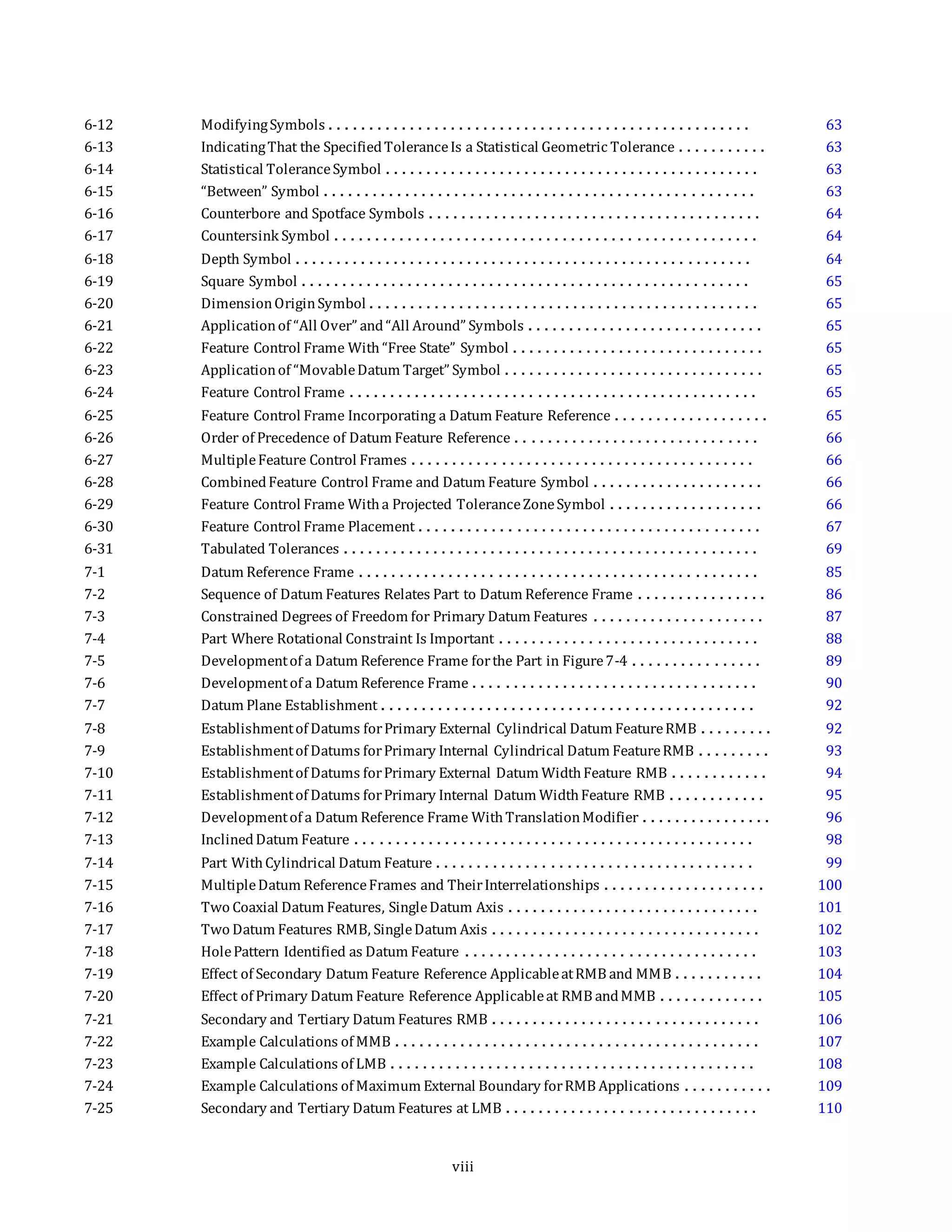 6-12 ModifyingSymbols . . . . . . . . . . . . . . . . . . . . . . . . . . . . . . . . . . . . . . . . . . . . . . . . . . . . 63
6-13 IndicatingThat the SpecifiedToleranceIs a Statistical Geometric Tolerance . . . . . . . . . . . 63
6-14 Statistical ToleranceSymbol . . . . . . . . . . . . . . . . . . . . . . . . . . . . . . . . . . . . . . . . . . . . . . 63
6-15 “Between” Symbol . . . . . . . . . . . . . . . . . . . . . . . . . . . . . . . . . . . . . . . . . . . . . . . . . . . . . 63
6-16 Counterbore and Spotface Symbols . . . . . . . . . . . . . . . . . . . . . . . . . . . . . . . . . . . . . . . . . 64
6-17 Countersink Symbol . . . . . . . . . . . . . . . . . . . . . . . . . . . . . . . . . . . . . . . . . . . . . . . . . . . . 64
6-18 Depth Symbol . . . . . . . . . . . . . . . . . . . . . . . . . . . . . . . . . . . . . . . . . . . . . . . . . . . . . . . . 64
6-19 Square Symbol . . . . . . . . . . . . . . . . . . . . . . . . . . . . . . . . . . . . . . . . . . . . . . . . . . . . . . . 65
6-20 DimensionOriginSymbol . . . . . . . . . . . . . . . . . . . . . . . . . . . . . . . . . . . . . . . . . . . . . . . . 65
6-21 Applicationof “All Over” and“All Around” Symbols . . . . . . . . . . . . . . . . . . . . . . . . . . . . . 65
6-22 Feature Control Frame With “Free State” Symbol . . . . . . . . . . . . . . . . . . . . . . . . . . . . . . . 65
6-23 Applicationof “MovableDatum Target” Symbol . . . . . . . . . . . . . . . . . . . . . . . . . . . . . . . . 65
6-24 Feature Control Frame . . . . . . . . . . . . . . . . . . . . . . . . . . . . . . . . . . . . . . . . . . . . . . . . . . 65
6-25 Feature Control Frame Incorporating a Datum Feature Reference . . . . . . . . . . . . . . . . . . . 65
6-26 Order of Precedence of Datum Feature Reference . . . . . . . . . . . . . . . . . . . . . . . . . . . . . . 66
6-27 MultipleFeature Control Frames . . . . . . . . . . . . . . . . . . . . . . . . . . . . . . . . . . . . . . . . . . 66
6-28 CombinedFeature Control Frame and Datum Feature Symbol . . . . . . . . . . . . . . . . . . . . . 66
6-29 Feature Control Frame Witha Projected ToleranceZoneSymbol . . . . . . . . . . . . . . . . . . . 66
6-30 Feature Control Frame Placement . . . . . . . . . . . . . . . . . . . . . . . . . . . . . . . . . . . . . . . . . . 67
6-31 Tabulated Tolerances . . . . . . . . . . . . . . . . . . . . . . . . . . . . . . . . . . . . . . . . . . . . . . . . . . . 69
7-1 Datum Reference Frame . . . . . . . . . . . . . . . . . . . . . . . . . . . . . . . . . . . . . . . . . . . . . . . . . 85
7-2 Sequence of Datum Features Relates Part to Datum Reference Frame . . . . . . . . . . . . . . . . 86
7-3 Constrained Degrees of Freedom for Primary Datum Features . . . . . . . . . . . . . . . . . . . . . 87
7-4 Part Where Rotational Constraint Is Important . . . . . . . . . . . . . . . . . . . . . . . . . . . . . . . . 88
7-5 Developmentof a Datum Reference Frame forthe Part in Figure7-4 . . . . . . . . . . . . . . . . 89
7-6 Developmentof a Datum Reference Frame . . . . . . . . . . . . . . . . . . . . . . . . . . . . . . . . . . . 90
7-7 Datum Plane Establishment . . . . . . . . . . . . . . . . . . . . . . . . . . . . . . . . . . . . . . . . . . . . . . 92
7-8 Establishmentof Datums forPrimary External Cylindrical Datum FeatureRMB . . . . . . . . . 92
7-9 Establishmentof Datums forPrimary Internal Cylindrical Datum FeatureRMB . . . . . . . . . 93
7-10 Establishmentof Datums forPrimary External Datum WidthFeature RMB . . . . . . . . . . . . 94
7-11 Establishmentof Datums forPrimary Internal Datum WidthFeature RMB . . . . . . . . . . . . 95
7-12 Developmentof a Datum Reference Frame WithTranslationModifier . . . . . . . . . . . . . . . . 96
7-13 InclinedDatum Feature . . . . . . . . . . . . . . . . . . . . . . . . . . . . . . . . . . . . . . . . . . . . . . . . . 98
7-14 Part WithCylindrical Datum Feature . . . . . . . . . . . . . . . . . . . . . . . . . . . . . . . . . . . . . . . 99
7-15 MultipleDatum ReferenceFrames and TheirInterrelationships . . . . . . . . . . . . . . . . . . . . 100
7-16 Two Coaxial Datum Features, SingleDatum Axis . . . . . . . . . . . . . . . . . . . . . . . . . . . . . . . 101
7-17 Two Datum Features RMB, SingleDatum Axis . . . . . . . . . . . . . . . . . . . . . . . . . . . . . . . . . 102
7-18 HolePattern Identified as Datum Feature . . . . . . . . . . . . . . . . . . . . . . . . . . . . . . . . . . . . 103
7-19 Effect of Secondary Datum Feature Reference ApplicableatRMB and MMB . . . . . . . . . . . 104
7-20 Effect of Primary Datum Feature Reference Applicableat RMB andMMB . . . . . . . . . . . . . 105
7-21 Secondary and Tertiary Datum Features RMB . . . . . . . . . . . . . . . . . . . . . . . . . . . . . . . . . 106
7-22 Example Calculations of MMB . . . . . . . . . . . . . . . . . . . . . . . . . . . . . . . . . . . . . . . . . . . . . 107
7-23 Example Calculations of LMB . . . . . . . . . . . . . . . . . . . . . . . . . . . . . . . . . . . . . . . . . . . . . 108
7-24 Example Calculations of Maximum External Boundary forRMB Applications . . . . . . . . . . . 109
7-25 Secondary and Tertiary Datum Features at LMB . . . . . . . . . . . . . . . . . . . . . . . . . . . . . . . 110
viii
 