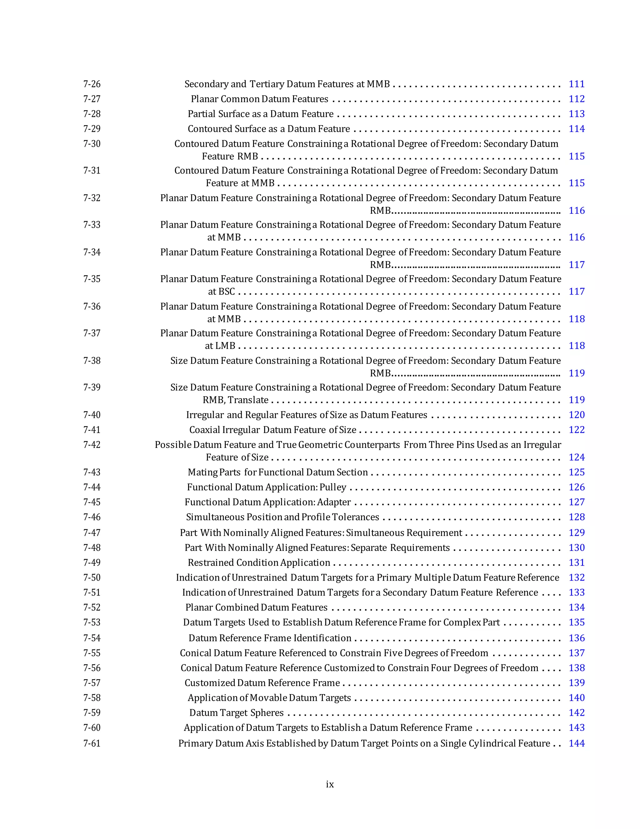 7-26 Secondary and Tertiary Datum Features at MMB . . . . . . . . . . . . . . . . . . . . . . . . . . . . . . . 111
7-27 Planar CommonDatum Features . . . . . . . . . . . . . . . . . . . . . . . . . . . . . . . . . . . . . . . . . . 112
7-28 Partial Surface as a Datum Feature . . . . . . . . . . . . . . . . . . . . . . . . . . . . . . . . . . . . . . . . . 113
7-29 Contoured Surface as a Datum Feature . . . . . . . . . . . . . . . . . . . . . . . . . . . . . . . . . . . . . . 114
7-30 Contoured Datum Feature Constraininga Rotational Degree of Freedom: Secondary Datum
Feature RMB . . . . . . . . . . . . . . . . . . . . . . . . . . . . . . . . . . . . . . . . . . . . . . . . . . . . . . . 115
7-31 Contoured Datum Feature Constraininga Rotational Degree of Freedom: Secondary Datum
Feature at MMB . . . . . . . . . . . . . . . . . . . . . . . . . . . . . . . . . . . . . . . . . . . . . . . . . . . . 115
7-32 Planar Datum Feature Constraininga Rotational Degree of Freedom: Secondary Datum Feature
RMB............................................................. 116
7-33 Planar Datum Feature Constraininga Rotational Degree of Freedom: Secondary Datum Feature
at MMB . . . . . . . . . . . . . . . . . . . . . . . . . . . . . . . . . . . . . . . . . . . . . . . . . . . . . . . . . . 116
7-34 Planar Datum Feature Constraininga Rotational Degree of Freedom: Secondary Datum Feature
RMB............................................................. 117
7-35 Planar Datum Feature Constraininga Rotational Degree of Freedom: Secondary Datum Feature
at BSC . . . . . . . . . . . . . . . . . . . . . . . . . . . . . . . . . . . . . . . . . . . . . . . . . . . . . . . . . . . 117
7-36 Planar Datum Feature Constraininga Rotational Degree of Freedom: Secondary Datum Feature
at MMB . . . . . . . . . . . . . . . . . . . . . . . . . . . . . . . . . . . . . . . . . . . . . . . . . . . . . . . . . . 118
7-37 Planar Datum Feature Constraininga Rotational Degree of Freedom: Secondary Datum Feature
at LMB . . . . . . . . . . . . . . . . . . . . . . . . . . . . . . . . . . . . . . . . . . . . . . . . . . . . . . . . . . . 118
7-38 Size Datum Feature Constraining a Rotational Degree of Freedom: Secondary Datum Feature
RMB............................................................. 119
7-39 Size Datum Feature Constraining a Rotational Degree of Freedom: Secondary Datum Feature
RMB, Translate . . . . . . . . . . . . . . . . . . . . . . . . . . . . . . . . . . . . . . . . . . . . . . . . . . . . . 119
7-40 Irregular and Regular Features of Size as Datum Features . . . . . . . . . . . . . . . . . . . . . . . . 120
7-41 Coaxial Irregular Datum Feature of Size . . . . . . . . . . . . . . . . . . . . . . . . . . . . . . . . . . . . . 122
7-42 PossibleDatum Feature and TrueGeometric Counterparts From Three Pins Usedas an Irregular
Feature of Size . . . . . . . . . . . . . . . . . . . . . . . . . . . . . . . . . . . . . . . . . . . . . . . . . . . . . 124
7-43 MatingParts forFunctional Datum Section . . . . . . . . . . . . . . . . . . . . . . . . . . . . . . . . . . . 125
7-44 Functional Datum Application:Pulley . . . . . . . . . . . . . . . . . . . . . . . . . . . . . . . . . . . . . . . 126
7-45 Functional Datum Application:Adapter . . . . . . . . . . . . . . . . . . . . . . . . . . . . . . . . . . . . . . 127
7-46 Simultaneous PositionandProfileTolerances . . . . . . . . . . . . . . . . . . . . . . . . . . . . . . . . . 128
7-47 Part WithNominally AlignedFeatures:Simultaneous Requirement . . . . . . . . . . . . . . . . . . 129
7-48 Part WithNominally AlignedFeatures:Separate Requirements . . . . . . . . . . . . . . . . . . . . 130
7-49 Restrained ConditionApplication . . . . . . . . . . . . . . . . . . . . . . . . . . . . . . . . . . . . . . . . . . 131
7-50 Indicationof Unrestrained Datum Targets fora Primary MultipleDatum FeatureReference 132
7-51 Indicationof Unrestrained Datum Targets fora Secondary Datum Feature Reference . . . . 133
7-52 Planar CombinedDatum Features . . . . . . . . . . . . . . . . . . . . . . . . . . . . . . . . . . . . . . . . . . 134
7-53 Datum Targets Used to EstablishDatum ReferenceFrame for ComplexPart . . . . . . . . . . . 135
7-54 Datum Reference Frame Identification . . . . . . . . . . . . . . . . . . . . . . . . . . . . . . . . . . . . . . 136
7-55 Conical Datum Feature Referenced to Constrain FiveDegrees of Freedom . . . . . . . . . . . . . 137
7-56 Conical Datum Feature Reference Customizedto ConstrainFour Degrees of Freedom . . . . 138
7-57 CustomizedDatum Reference Frame . . . . . . . . . . . . . . . . . . . . . . . . . . . . . . . . . . . . . . . . 139
7-58 Applicationof MovableDatum Targets . . . . . . . . . . . . . . . . . . . . . . . . . . . . . . . . . . . . . . 140
7-59 Datum Target Spheres . . . . . . . . . . . . . . . . . . . . . . . . . . . . . . . . . . . . . . . . . . . . . . . . . . 142
7-60 Applicationof Datum Targets to Establisha Datum Reference Frame . . . . . . . . . . . . . . . . 143
7-61 Primary Datum Axis Establishedby Datum Target Points on a Single Cylindrical Feature . . 144
ix
 