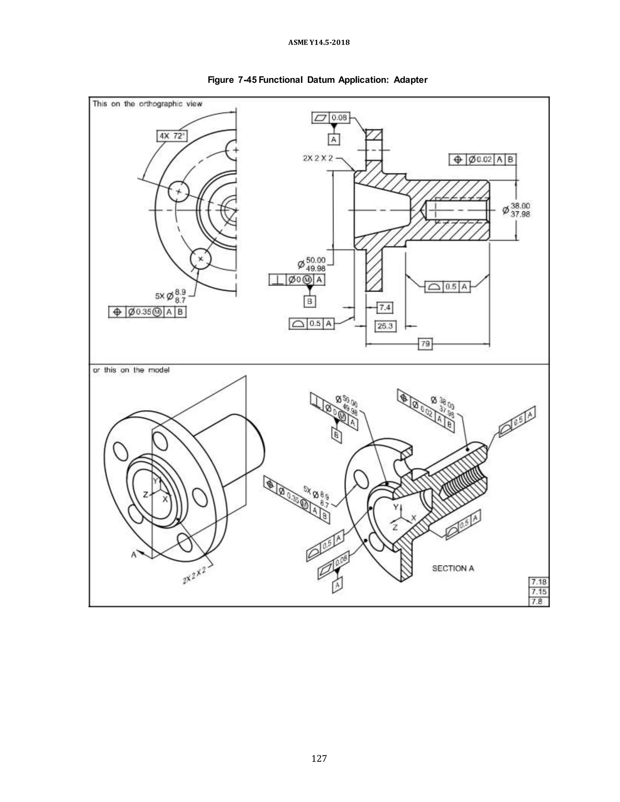 ASME Y14.5-2018
Figure 7-45 Functional Datum Application: Adapter
127
 