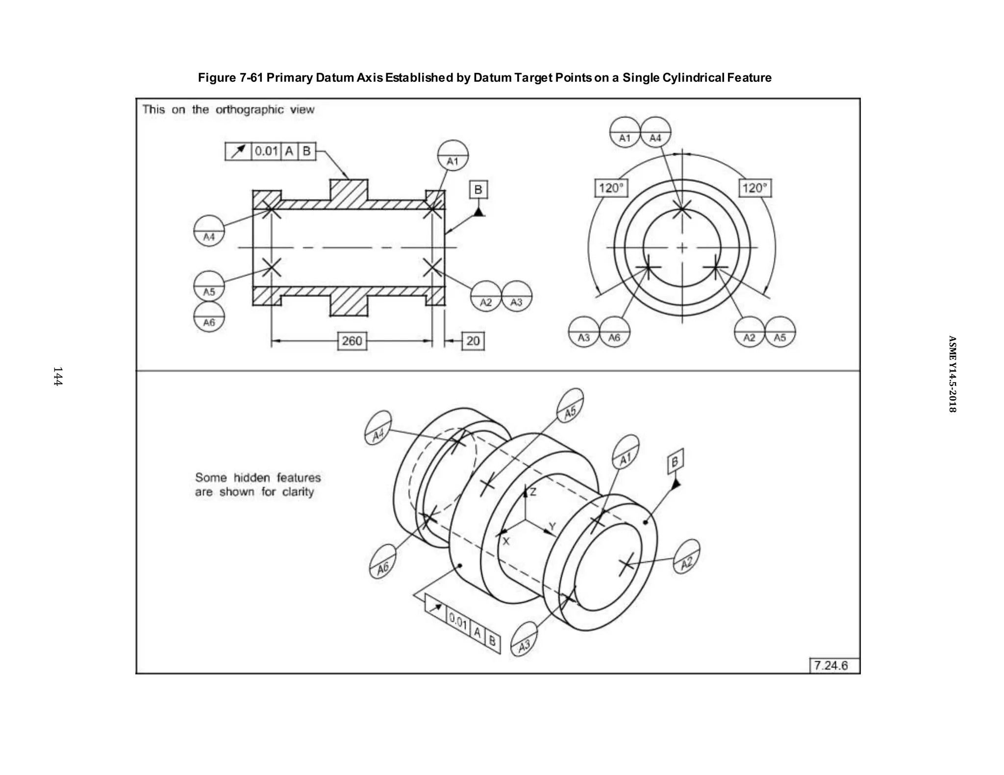 Figure 7-61 Primary Datum AxisEstablished by Datum Target Pointson a Single Cylindrical Feature
144
ASME
Y14.5-2018
 