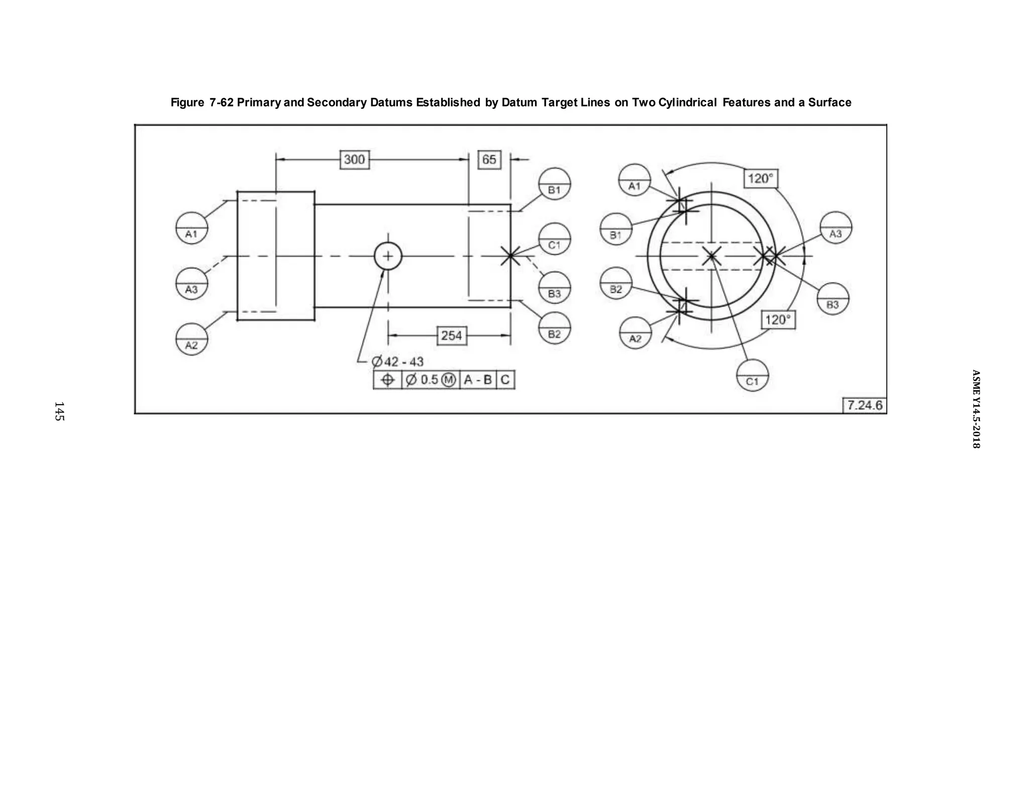 Figure 7-62 Primary and Secondary Datums Established by Datum Target Lines on Two Cylindrical Features and a Surface
145
ASME
Y14.5-2018
 