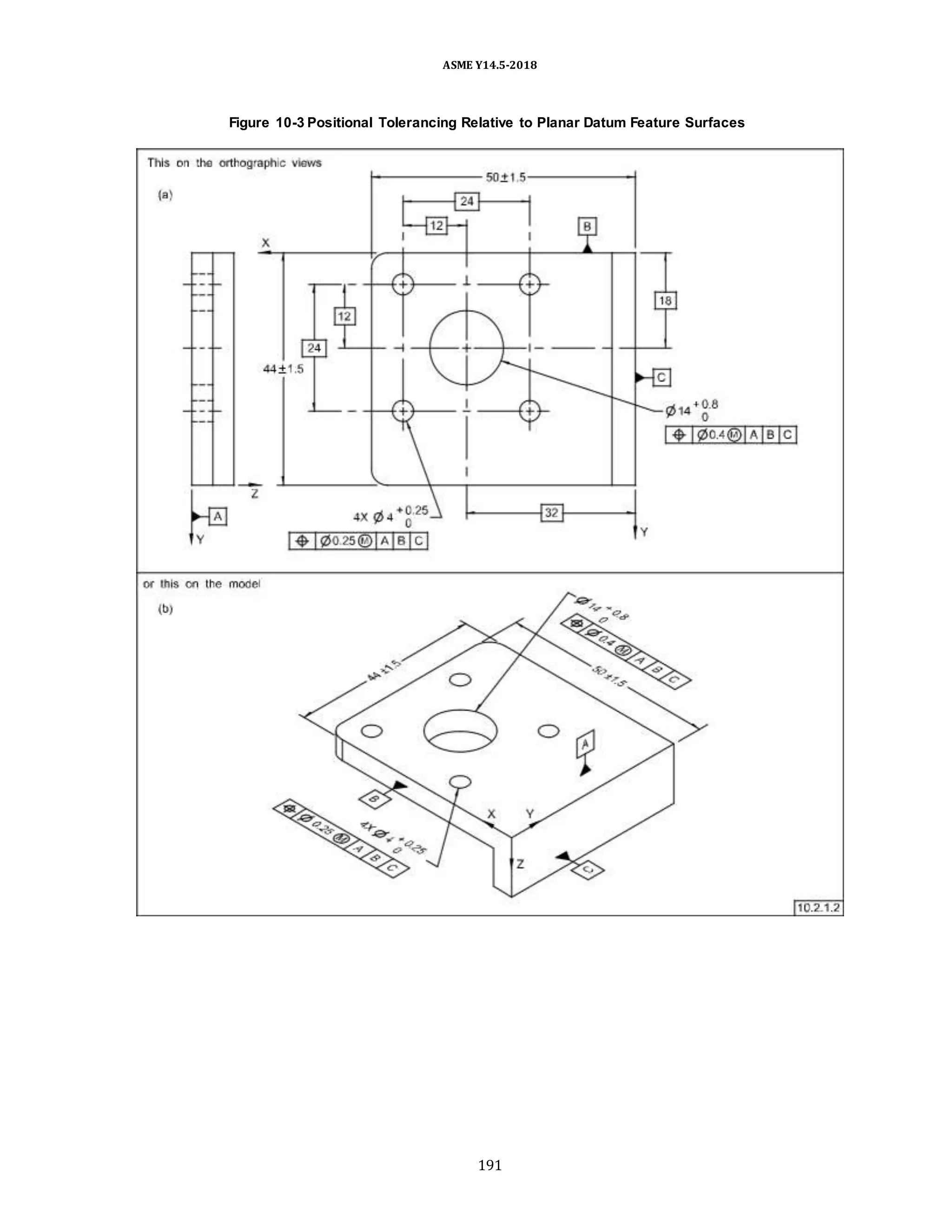 ASME Y14.5-2018
Figure 10-3 Positional Tolerancing Relative to Planar Datum Feature Surfaces
191
 