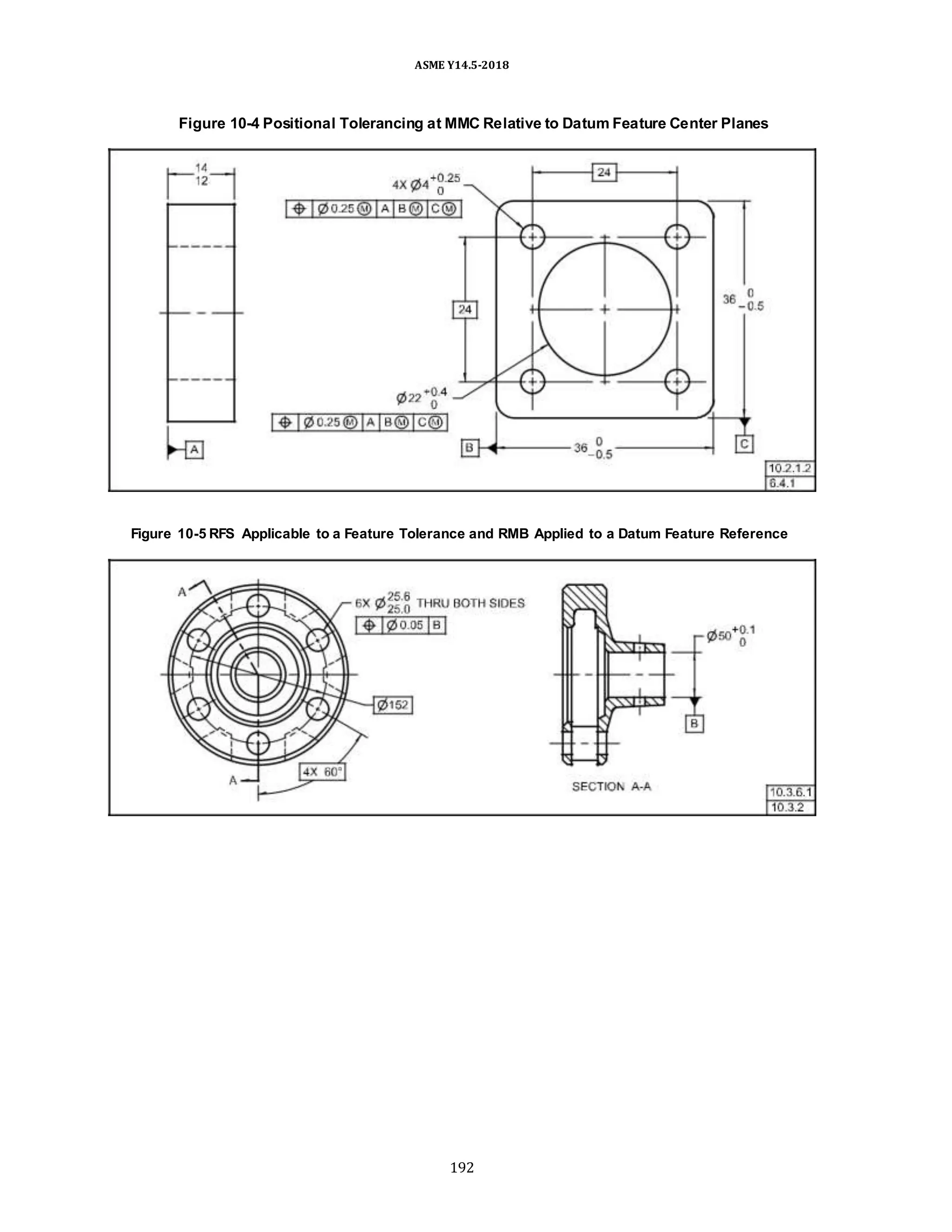 ASME Y14.5-2018
Figure 10-4 Positional Tolerancing at MMC Relative to Datum Feature Center Planes
Figure 10-5 RFS Applicable to a Feature Tolerance and RMB Applied to a Datum Feature Reference
192
 