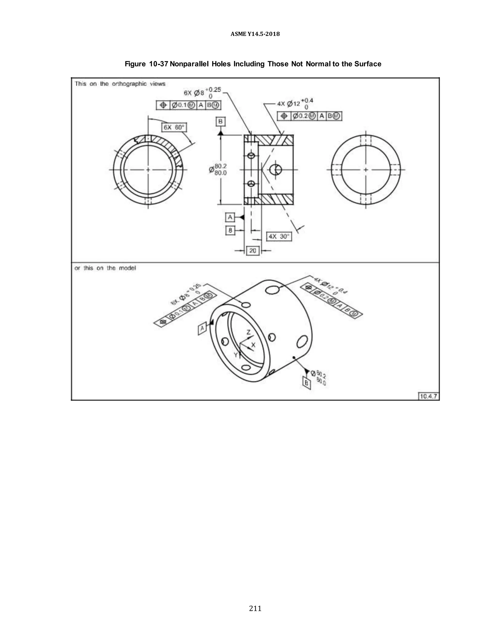 ASME Y14.5-2018
Figure 10-37 Nonparallel Holes Including Those Not Normal to the Surface
211
 