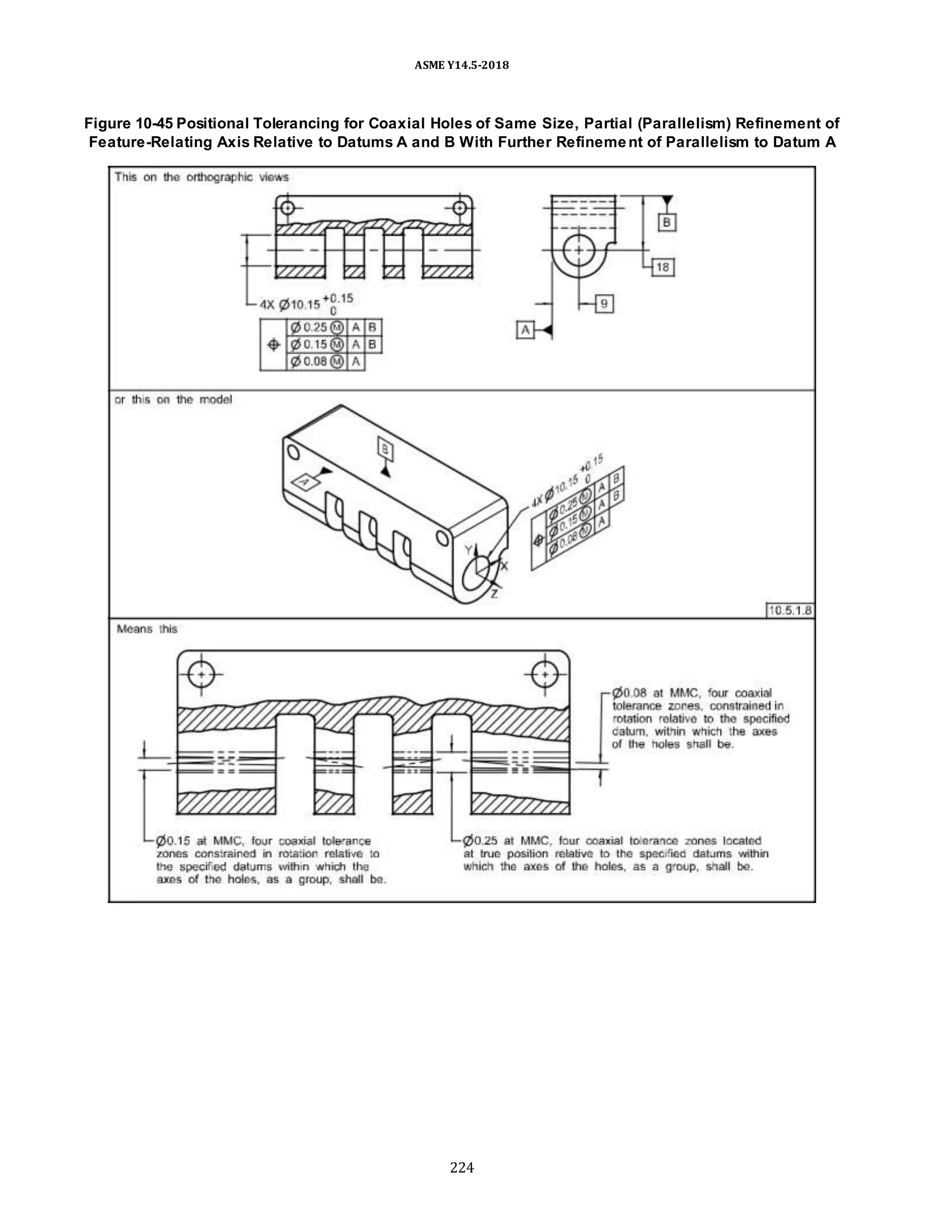 ASME Y14.5-2018
Figure 10-45 Positional Tolerancing for Coaxial Holes of Same Size, Partial (Parallelism) Refinement of
Feature-Relating Axis Relative to Datums A and B With Further Refinement of Parallelism to Datum A
224
 