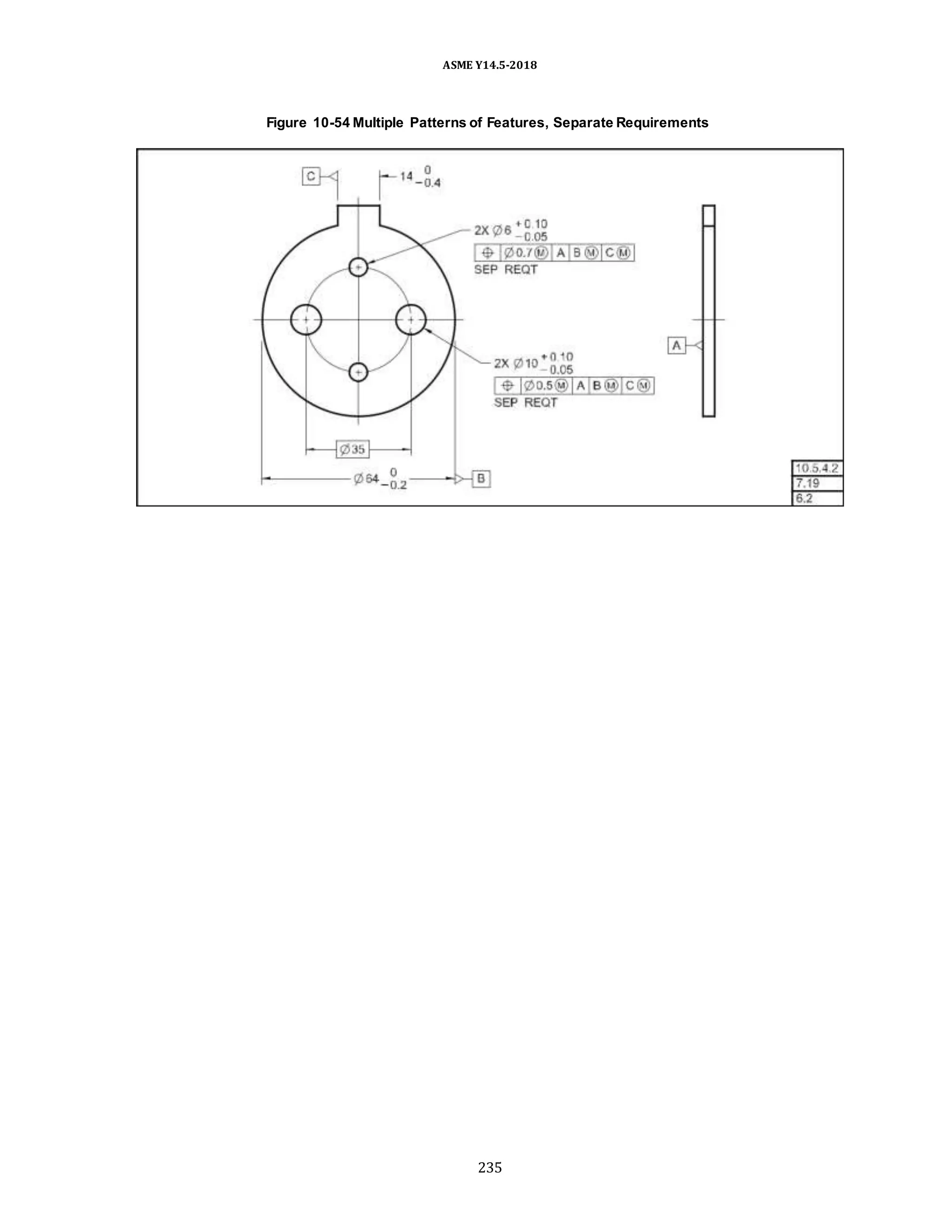 ASME Y14.5-2018
Figure 10-54 Multiple Patterns of Features, Separate Requirements
235
 