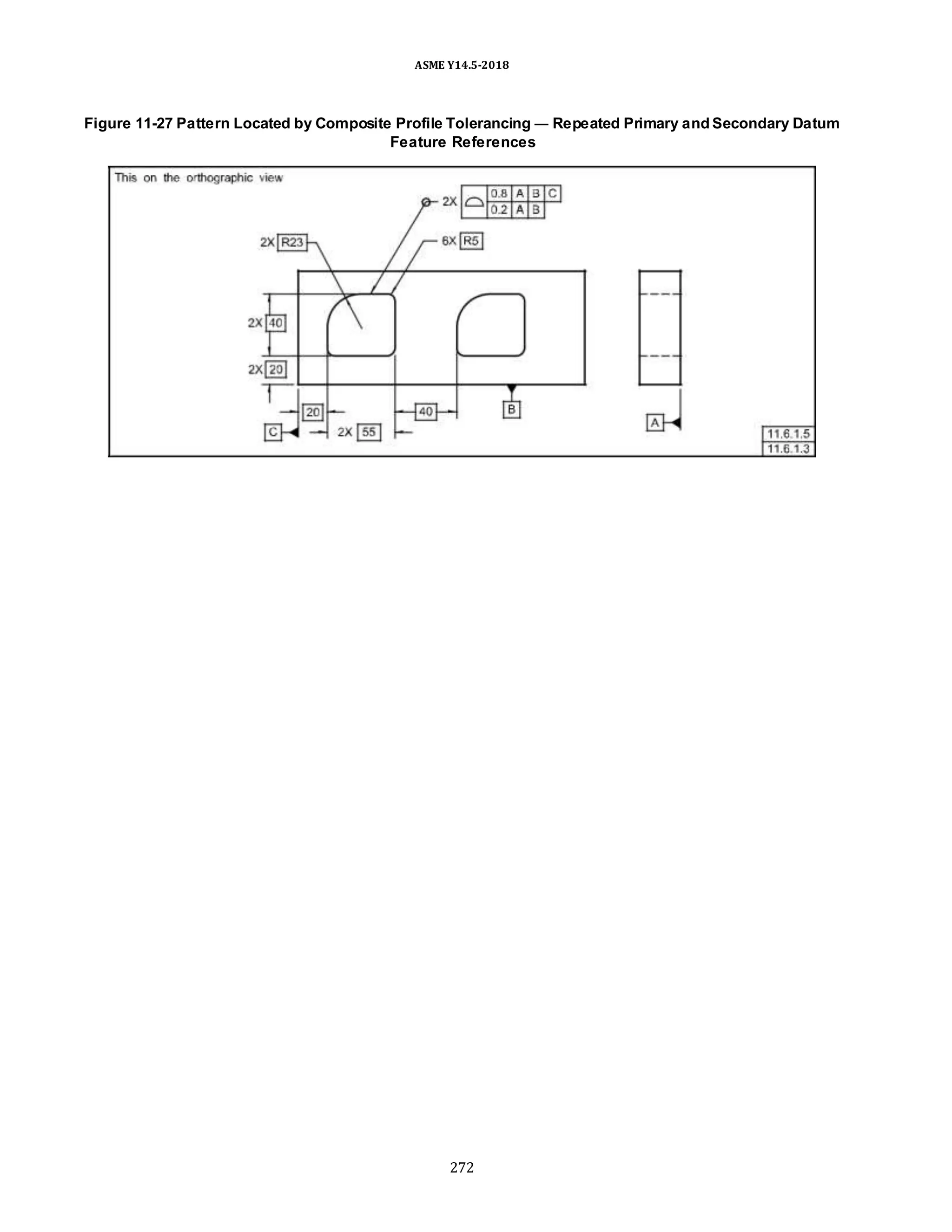 ASME Y14.5-2018
Figure 11-27 Pattern Located by Composite Profile Tolerancing — Repeated Primary and Secondary Datum
Feature References
272
 