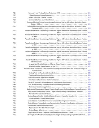 7-26 Secondary and Tertiary Datum Features at MMB . . . . . . . . . . . . . . . . . . . . . . . . . . . . . . . 111
7-27 Planar CommonDatum Features . . . . . . . . . . . . . . . . . . . . . . . . . . . . . . . . . . . . . . . . . . 112
7-28 Partial Surface as a Datum Feature . . . . . . . . . . . . . . . . . . . . . . . . . . . . . . . . . . . . . . . . . 113
7-29 Contoured Surface as a Datum Feature . . . . . . . . . . . . . . . . . . . . . . . . . . . . . . . . . . . . . . 114
7-30 Contoured Datum Feature Constraininga Rotational Degree of Freedom: Secondary Datum
Feature RMB . . . . . . . . . . . . . . . . . . . . . . . . . . . . . . . . . . . . . . . . . . . . . . . . . . . . . . . 115
7-31 Contoured Datum Feature Constraininga Rotational Degree of Freedom: Secondary Datum
Feature at MMB . . . . . . . . . . . . . . . . . . . . . . . . . . . . . . . . . . . . . . . . . . . . . . . . . . . . 115
7-32 Planar Datum Feature Constraininga Rotational Degree of Freedom: Secondary Datum Feature
RMB............................................................. 116
7-33 Planar Datum Feature Constraininga Rotational Degree of Freedom: Secondary Datum Feature
at MMB . . . . . . . . . . . . . . . . . . . . . . . . . . . . . . . . . . . . . . . . . . . . . . . . . . . . . . . . . . 116
7-34 Planar Datum Feature Constraininga Rotational Degree of Freedom: Secondary Datum Feature
RMB............................................................. 117
7-35 Planar Datum Feature Constraininga Rotational Degree of Freedom: Secondary Datum Feature
at BSC . . . . . . . . . . . . . . . . . . . . . . . . . . . . . . . . . . . . . . . . . . . . . . . . . . . . . . . . . . . 117
7-36 Planar Datum Feature Constraininga Rotational Degree of Freedom: Secondary Datum Feature
at MMB . . . . . . . . . . . . . . . . . . . . . . . . . . . . . . . . . . . . . . . . . . . . . . . . . . . . . . . . . . 118
7-37 Planar Datum Feature Constraininga Rotational Degree of Freedom: Secondary Datum Feature
at LMB . . . . . . . . . . . . . . . . . . . . . . . . . . . . . . . . . . . . . . . . . . . . . . . . . . . . . . . . . . . 118
7-38 Size Datum Feature Constraining a Rotational Degree of Freedom: Secondary Datum Feature
RMB............................................................. 119
7-39 Size Datum Feature Constraining a Rotational Degree of Freedom: Secondary Datum Feature
RMB, Translate . . . . . . . . . . . . . . . . . . . . . . . . . . . . . . . . . . . . . . . . . . . . . . . . . . . . . 119
7-40 Irregular and Regular Features of Size as Datum Features . . . . . . . . . . . . . . . . . . . . . . . . 120
7-41 Coaxial Irregular Datum Feature of Size . . . . . . . . . . . . . . . . . . . . . . . . . . . . . . . . . . . . . 122
7-42 PossibleDatum Feature and TrueGeometric Counterparts From Three Pins Usedas an Irregular
Feature of Size . . . . . . . . . . . . . . . . . . . . . . . . . . . . . . . . . . . . . . . . . . . . . . . . . . . . . 124
7-43 MatingParts forFunctional Datum Section . . . . . . . . . . . . . . . . . . . . . . . . . . . . . . . . . . . 125
7-44 Functional Datum Application:Pulley . . . . . . . . . . . . . . . . . . . . . . . . . . . . . . . . . . . . . . . 126
7-45 Functional Datum Application:Adapter . . . . . . . . . . . . . . . . . . . . . . . . . . . . . . . . . . . . . . 127
7-46 Simultaneous PositionandProfileTolerances . . . . . . . . . . . . . . . . . . . . . . . . . . . . . . . . . 128
7-47 Part WithNominally AlignedFeatures:Simultaneous Requirement . . . . . . . . . . . . . . . . . . 129
7-48 Part WithNominally AlignedFeatures:Separate Requirements . . . . . . . . . . . . . . . . . . . . 130
7-49 Restrained ConditionApplication . . . . . . . . . . . . . . . . . . . . . . . . . . . . . . . . . . . . . . . . . . 131
7-50 Indicationof Unrestrained Datum Targets fora Primary MultipleDatum FeatureReference 132
7-51 Indicationof Unrestrained Datum Targets fora Secondary Datum Feature Reference . . . . 133
7-52 Planar CombinedDatum Features . . . . . . . . . . . . . . . . . . . . . . . . . . . . . . . . . . . . . . . . . . 134
7-53 Datum Targets Used to EstablishDatum ReferenceFrame for ComplexPart . . . . . . . . . . . 135
7-54 Datum Reference Frame Identification . . . . . . . . . . . . . . . . . . . . . . . . . . . . . . . . . . . . . . 136
7-55 Conical Datum Feature Referenced to Constrain FiveDegrees of Freedom . . . . . . . . . . . . . 137
7-56 Conical Datum Feature Reference Customizedto ConstrainFour Degrees of Freedom . . . . 138
7-57 CustomizedDatum Reference Frame . . . . . . . . . . . . . . . . . . . . . . . . . . . . . . . . . . . . . . . . 139
7-58 Applicationof MovableDatum Targets . . . . . . . . . . . . . . . . . . . . . . . . . . . . . . . . . . . . . . 140
7-59 Datum Target Spheres . . . . . . . . . . . . . . . . . . . . . . . . . . . . . . . . . . . . . . . . . . . . . . . . . . 142
7-60 Applicationof Datum Targets to Establisha Datum Reference Frame . . . . . . . . . . . . . . . . 143
7-61 Primary Datum Axis Establishedby Datum Target Points on a Single Cylindrical Feature . . 144
ix
 