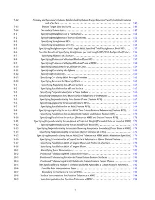 7-62 Primary and Secondary Datums Establishedby Datum Target Lines onTwo Cylindrical Features
and a Surface . . . . . . . . . . . . . . . . . . . . . . . . . . . . . . . . . . . . . . . . . . . . . . . . . . . . . . 145
7-63 Datum Target Lineand Area . . . . . . . . . . . . . . . . . . . . . . . . . . . . . . . . . . . . . . . . . . . . . 146
7-64 Secondary Datum Axis . . . . . . . . . . . . . . . . . . . . . . . . . . . . . . . . . . . . . . . . . . . . . . . . . . 147
8-1 SpecifyingStraightness of a FlatSurface . . . . . . . . . . . . . . . . . . . . . . . . . . . . . . . . . . . . . 151
8-2 SpecifyingStraightness of Surface Elements . . . . . . . . . . . . . . . . . . . . . . . . . . . . . . . . . . 152
8-3 SpecifyingStraightness RFS . . . . . . . . . . . . . . . . . . . . . . . . . . . . . . . . . . . . . . . . . . . . . . 153
8-4 SpecifyingStraightness at MMC . . . . . . . . . . . . . . . . . . . . . . . . . . . . . . . . . . . . . . . . . . . 154
8-5 SpecifyingStraightness per Unit Length WithSpecifiedTotal Straightness, BothRFS . . . . . 155
8-6 PossibleResults of SpecifyingStraightness perUnit Length RFS, WithNo SpecifiedTotal . . 156
8-7 SpecifyingFlatness of aSurface . . . . . . . . . . . . . . . . . . . . . . . . . . . . . . . . . . . . . . . . . . . 156
8-8 SpecifyingFlatness of aDerivedMedianPlane RFS . . . . . . . . . . . . . . . . . . . . . . . . . . . . . 157
8-9 SpecifyingFlatness of aDerivedMedian Plane at MMC . . . . . . . . . . . . . . . . . . . . . . . . . . 158
8-10 SpecifyingCircularity foraCylinderor Cone . . . . . . . . . . . . . . . . . . . . . . . . . . . . . . . . . . 159
8-11 SpecifyingCircularity of aSphere . . . . . . . . . . . . . . . . . . . . . . . . . . . . . . . . . . . . . . . . . . 160
8-12 SpecifyingCylindricity . . . . . . . . . . . . . . . . . . . . . . . . . . . . . . . . . . . . . . . . . . . . . . . . . . 160
8-13 SpecifyingCircularity WithAverageDiameter . . . . . . . . . . . . . . . . . . . . . . . . . . . . . . . . . 161
8-14 SpecifyingRestraintfor NonrigidParts . . . . . . . . . . . . . . . . . . . . . . . . . . . . . . . . . . . . . . 162
9-1 SpecifyingAngularity fora Plane Surface . . . . . . . . . . . . . . . . . . . . . . . . . . . . . . . . . . . . 165
9-2 SpecifyingParallelism foraPlane Surface . . . . . . . . . . . . . . . . . . . . . . . . . . . . . . . . . . . . 165
9-3 SpecifyingPerpendicularity fora Plane Surface . . . . . . . . . . . . . . . . . . . . . . . . . . . . . . . . 166
9-4 SpecifyingOrientationfora Plane Surface Relativeto Two Datums . . . . . . . . . . . . . . . . . . 166
9-5 SpecifyingPerpendicularity fora Center Plane (Feature RFS) . . . . . . . . . . . . . . . . . . . . . . 167
9-6 SpecifyingAngularity foran Axis (Feature RFS) . . . . . . . . . . . . . . . . . . . . . . . . . . . . . . . . 167
9-7 SpecifyingParallelism foranAxis (Feature RFS) . . . . . . . . . . . . . . . . . . . . . . . . . . . . . . . 168
9-8 SpecifyingAngularity foran Axis WithTwo Datum Feature References (Feature RFS) . . . . 169
9-9 SpecifyingParallelism foranAxis (BothFeature and Datum Feature RFS) . . . . . . . . . . . . 170
9-10 SpecifyingParallelism foranAxis (Feature at MMCand Datum Feature RFS) . . . . . . . . . . 171
9-11 SpecifyingPerpendicularity foran Axis at a Projected Height(Threaded Holeor Insert at MMC) 172
9-12 SpecifyingPerpendicularity foran Axis (Pinor Boss RFS) . . . . . . . . . . . . . . . . . . . . . . . . 173
9-13 SpecifyingPerpendicularity foran Axis ShowingAcceptance Boundary (Pinor Boss atMMC) 174
9-14 SpecifyingPerpendicularity foran Axis (Zero Toleranceat MMC) . . . . . . . . . . . . . . . . . . . 175
9-15 SpecifyingPerpendicularity foran Axis (Zero Toleranceat MMCWithaMaximum Specified) 176
9-16 SpecifyingOrientationfora Curved Surface Relativeto a Planar Datum Feature . . . . . . . . 177
9-17 SpecifyingParallelism WithaTangent Plane and Profileof a Surface . . . . . . . . . . . . . . . . 178
9-18 SpecifyingParallelism WithaTangent Plane . . . . . . . . . . . . . . . . . . . . . . . . . . . . . . . . . . 178
10-1 IdentifyingBasic Dimensions . . . . . . . . . . . . . . . . . . . . . . . . . . . . . . . . . . . . . . . . . . . . . 189
10-2 Positional TolerancingWithDatum References . . . . . . . . . . . . . . . . . . . . . . . . . . . . . . . . 190
10-3 Positional TolerancingRelativeto PlanarDatum Feature Surfaces . . . . . . . . . . . . . . . . . . 191
10-4 Positional TolerancingatMMCRelativeto Datum Feature Center Planes . . . . . . . . . . . . . 192
10-5 RFS Applicableto a Feature Toleranceand RMB Appliedto a Datum Feature Reference . . 192
10-6 PossibleAxis Interpretation Error . . . . . . . . . . . . . . . . . . . . . . . . . . . . . . . . . . . . . . . . . 193
10-7 Boundary for Surface of a Holeat MMC . . . . . . . . . . . . . . . . . . . . . . . . . . . . . . . . . . . . . 193
10-8 Surface Interpretation for PositionToleranceatMMC . . . . . . . . . . . . . . . . . . . . . . . . . . . 194
10-9 Axis Interpretation for PositionToleranceatMMC . . . . . . . . . . . . . . . . . . . . . . . . . . . . . 194
x
 