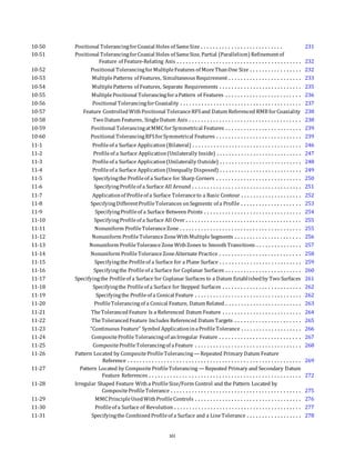 10-50 Positional TolerancingforCoaxial Holes of SameSize . . . . . . . . . . . . . . . . . . . . . . . . . . . 231
10-51 Positional TolerancingforCoaxial Holes of SameSize, Partial (Parallelism) Refinementof
Feature of Feature-Relating Axis . . . . . . . . . . . . . . . . . . . . . . . . . . . . . . . . . . . . . . . . . 232
10-52 Positional TolerancingforMultipleFeatures of MoreThanOne Size . . . . . . . . . . . . . . . . . 232
10-53 MultiplePatterns of Features, Simultaneous Requirement . . . . . . . . . . . . . . . . . . . . . . . . 233
10-54 MultiplePatterns of Features, Separate Requirements . . . . . . . . . . . . . . . . . . . . . . . . . . . 235
10-55 MultiplePositional TolerancingforaPattern of Features . . . . . . . . . . . . . . . . . . . . . . . . . 236
10-56 Positional TolerancingforCoaxiality . . . . . . . . . . . . . . . . . . . . . . . . . . . . . . . . . . . . . . . . 237
10-57 Feature ControlledWithPositional ToleranceRFSand Datum Referenced RMB forCoaxiality 238
10-58 Two Datum Features, SingleDatum Axis . . . . . . . . . . . . . . . . . . . . . . . . . . . . . . . . . . . . . 238
10-59 Positional TolerancingatMMCforSymmetrical Features . . . . . . . . . . . . . . . . . . . . . . . . . 239
10-60 Positional TolerancingRFSforSymmetrical Features . . . . . . . . . . . . . . . . . . . . . . . . . . . . 239
11-1 Profileof a Surface Application(Bilateral) . . . . . . . . . . . . . . . . . . . . . . . . . . . . . . . . . . . . 246
11-2 Profileof a Surface Application(Unilaterally Inside) . . . . . . . . . . . . . . . . . . . . . . . . . . . . 247
11-3 Profileof a Surface Application(Unilaterally Outside) . . . . . . . . . . . . . . . . . . . . . . . . . . . 248
11-4 Profileof a Surface Application(Unequally Disposed) . . . . . . . . . . . . . . . . . . . . . . . . . . . 249
11-5 Specifyingthe Profileof a Surface for Sharp Corners . . . . . . . . . . . . . . . . . . . . . . . . . . . . 250
11-6 SpecifyingProfileof a Surface All Around . . . . . . . . . . . . . . . . . . . . . . . . . . . . . . . . . . . . 251
11-7 Applicationof Profileof a Surface Toleranceto a Basic Contour . . . . . . . . . . . . . . . . . . . . 252
11-8 SpecifyingDifferentProfileTolerances onSegments of a Profile . . . . . . . . . . . . . . . . . . . . 253
11-9 SpecifyingProfileof a Surface Between Points . . . . . . . . . . . . . . . . . . . . . . . . . . . . . . . . 254
11-10 SpecifyingProfileof a Surface All Over . . . . . . . . . . . . . . . . . . . . . . . . . . . . . . . . . . . . . . 255
11-11 Nonuniform ProfileToleranceZone . . . . . . . . . . . . . . . . . . . . . . . . . . . . . . . . . . . . . . . . 255
11-12 Nonuniform ProfileToleranceZoneWithMultipleSegments . . . . . . . . . . . . . . . . . . . . . . 256
11-13 Nonuniform ProfileTolerance ZoneWithZones to SmoothTransitions . . . . . . . . . . . . . . . 257
11-14 Nonuniform ProfileToleranceZoneAlternate Practice . . . . . . . . . . . . . . . . . . . . . . . . . . . 258
11-15 Specifyingthe Profileof a Surface for a Plane Surface . . . . . . . . . . . . . . . . . . . . . . . . . . . 259
11-16 Specifyingthe Profileof a Surface for Coplanar Surfaces . . . . . . . . . . . . . . . . . . . . . . . . . 260
11-17 Specifyingthe Profileof a Surface for Coplanar Surfaces to a Datum Establishedby Two Surfaces 261
11-18 Specifyingthe Profileof a Surface for Stepped Surfaces . . . . . . . . . . . . . . . . . . . . . . . . . . 262
11-19 Specifyingthe Profileof a Conical Feature . . . . . . . . . . . . . . . . . . . . . . . . . . . . . . . . . . . 262
11-20 ProfileTolerancingof a Conical Feature, Datum Related . . . . . . . . . . . . . . . . . . . . . . . . . 263
11-21 TheTolerancedFeature Is a Referenced Datum Feature . . . . . . . . . . . . . . . . . . . . . . . . . . 264
11-22 TheTolerancedFeature Includes Referenced Datum Targets . . . . . . . . . . . . . . . . . . . . . . 265
11-23 “Continuous Feature” Symbol ApplicationinaProfileTolerance . . . . . . . . . . . . . . . . . . . . 266
11-24 CompositeProfileTolerancingof anIrregular Feature . . . . . . . . . . . . . . . . . . . . . . . . . . . 267
11-25 CompositeProfileTolerancingof aFeature . . . . . . . . . . . . . . . . . . . . . . . . . . . . . . . . . . . 268
11-26 Pattern Located by CompositeProfileTolerancing— Repeated Primary Datum Feature
Reference . . . . . . . . . . . . . . . . . . . . . . . . . . . . . . . . . . . . . . . . . . . . . . . . . . . . . . . . . 269
11-27 Pattern Located by CompositeProfileTolerancing — Repeated Primary and Secondary Datum
Feature References . . . . . . . . . . . . . . . . . . . . . . . . . . . . . . . . . . . . . . . . . . . . . . . . . . 272
11-28 Irregular Shaped Feature Witha ProfileSize/Form Control and the Pattern Located by
CompositeProfileTolerance . . . . . . . . . . . . . . . . . . . . . . . . . . . . . . . . . . . . . . . . . . . 275
11-29 MMCPrincipleUsedWithProfileControls . . . . . . . . . . . . . . . . . . . . . . . . . . . . . . . . . . . 276
11-30 Profileof a Surface of Revolution . . . . . . . . . . . . . . . . . . . . . . . . . . . . . . . . . . . . . . . . . . 277
11-31 Specifyingthe CombinedProfileof a Surface and a LineTolerance . . . . . . . . . . . . . . . . . . 278
xii
 