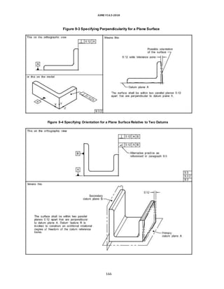 ASME Y14.5-2018
Figure 9-3 Specifying Perpendicularity for a Plane Surface
Figure 9-4 Specifying Orientation for a Plane Surface Relative to Two Datums
166
 