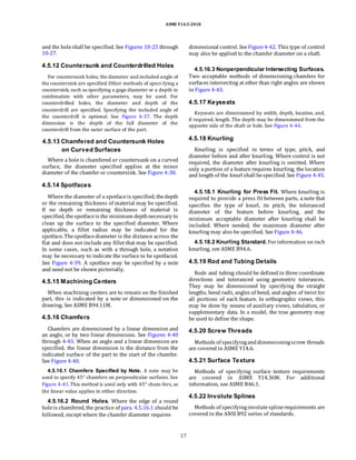 ASME Y14.5-2018
and the holeshall be specified. See Figures 10-25 through
10-27.
4.5.12 Countersunk and Counterdrilled Holes
For countersunk holes, the diameter and included angle of
the countersink are specified.Other methods of speci-fying a
countersink, such as specifying a gage diameter or a depth in
combination with other parameters, may be used. For
counterdrilled holes, the diameter and depth of the
counterdrill are specified. Specifying the included angle of
the counterdrill is optional. See Figure 4-37. The depth
dimension is the depth of the full diameter of the
counterdrill from the outer surface of the part.
dimensional control. SeeFigure4-42. This type of control
may also be applied to the chamfer diameter on a shaft.
4.5.16.3 Nonperpendicular Intersecting Surfaces.
Two acceptable methods of dimensioning chamfers for
surfaces intersecting at other than right angles are shown
in Figure 4-43.
4.5.17 Keyseats
Keyseats are dimensioned by width, depth, location, and,
if required, length. The depth may be dimensioned from the
opposite side of the shaft or hole. See Figure 4-44.
4.5.13 Chamfered and Countersunk Holes
on Curved Surfaces
Where a holeis chamfered or countersunk on a curved
surface, the diameter specified applies at the minor
diameter of the chamfer or countersink. See Figure 4-38.
4.5.14 Spotfaces
Where the diameter of a spotfaceis specified, thedepth
or the remaining thickness of material may be specified.
If no depth or remaining thickness of material is
specified, thespotfaceis the minimum depthnecessary to
clean up the surface to the specified diameter. Where
applicable, a fillet radius may be indicated for the
spotface. Thespotfacediameter is the distance across the
flat and does not include any fillet that may be specified.
In some cases, such as with a through hole, a notation
may be necessary to indicate the surface to be spotfaced.
See Figure 4-39. A spotface may be specified by a note
and need not be shown pictorially.
4.5.15 Machining Centers
When machining centers are to remain on the finished
part, this is indicated by a note or dimensioned on the
drawing. See ASME B94.11M.
4.5.16 Chamfers
Chamfers are dimensioned by a linear dimension and
an angle, or by two linear dimensions. See Figures 4-40
through 4-43. When an angle and a linear dimension are
specified, the linear dimension is the distance from the
indicated surface of the part to the start of the chamfer.
See Figure 4-40.
4.5.16.1 Chamfers Specified by Note. A note may be
used to specify 45° chamfers on perpendicular surfaces. See
Figure 4-41.This method is used only with 45° cham-fers, as
the linear value applies in either direction.
4.5.16.2 Round Holes. Where the edge of a round
holeis chamfered, the practice of para. 4.5.16.1 should be
followed, except where the chamfer diameter requires
4.5.18 Knurling
Knurling is specified in terms of type, pitch, and
diameter before and after knurling. Where control is not
required, the diameter after knurling is omitted. Where
only a portion of a feature requires knurling, the location
and length of the knurl shall bespecified. See Figure 4-45.
4.5.18.1 Knurling for Press Fit. Where knurling is
required to provide a press fit between parts, a note that
specifies the type of knurl, its pitch, the toleranced
diameter of the feature before knurling, and the
minimum acceptable diameter after knurling shall be
included. Where needed, the maximum diameter after
knurling may also be specified. See Figure 4-46.
4.5.18.2 Knurling Standard.Forinformation on inch
knurling, see ASME B94.6.
4.5.19 Rod and Tubing Details
Rods and tubing should be defined in three coordinate
directions and toleranced using geometric tolerances.
They may be dimensioned by specifying the straight
lengths, bend radii, angles of bend, and angles of twist for
all portions of each feature. In orthographic views, this
may be done by means of auxiliary views, tabulation, or
supplementary data. In a model, the true geometry may
be used to define the shape.
4.5.20 Screw Threads
Methods of specifyinganddimensioningscrew threads
are covered in ASME Y14.6.
4.5.21 Surface Texture
Methods of specifying surface texture requirements
are covered in ASME Y14.36M. For additional
information, see ASME B46.1.
4.5.22 Involute Splines
Methods of specifyinginvolutesplinerequirements are
covered in the ANSI B92 series of standards.
17
 
