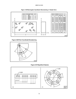 ASME Y14.5-2018
Figure 4-49 Rectangular Coordinate Dimensioning in Tabular Form
Figure 4-50 Polar Coordinate Dimensioning
Figure 4-51 Repetitive Features
31
 