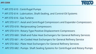 API CODE
 API STD 610 : Centrifugal Pumps
 API STD 614 : Lubrication, Shaft-Sealing, and Control-Oil Systems
 API STD 616 : Gas Turbine
 API STD 617 : Axial and Centrifugal Compressors and Expander-Compressors
 API STD 618 : Reciprocating Compressors
 API STD 619 : Rotary-Type Positive-Displacement Compressors
 API STD 660 : Shell-and-Tube Heat Exchangers for General Refinery Services
 API STD 661 : Air-Cooled Heat Exchangers for General Refinery Service
 API STD 662 : Plate Heat Exchangers for General Refinery Services
 API STD 682 : Pumps Shaft Sealing Systems for Centrifugal and Rotary Pumps
 