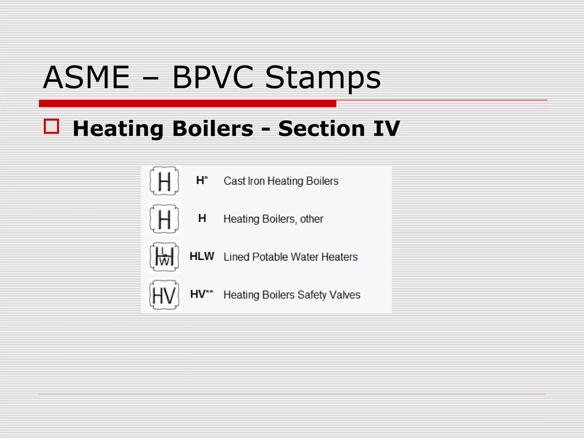 ASME – BPVC Stamps
 Heating Boilers - Section IV

 