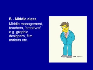B - Middle class 
Middle management, 
teachers, 'creatives' 
e.g. graphic 
designers, film 
makers etc. 
 