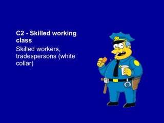 C2 - Skilled working 
class 
Skilled workers, 
tradespersons (white 
collar) 
 