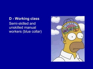 D - Working class 
Semi-skilled and 
unskilled manual 
workers (blue collar) 
 