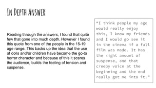 InDepthAnswer
“I think people my age
would really enjoy
this, I know my friends
and I would go see it
in the cinema if a full
film was made. It has
the right amount of
suspense, and that
creepy voice at the
beginning and the end
really got me into it.”
Reading through the answers, I found that quite
few that gone into much depth. However I found
this quote from one of the people in the 15-19
age range. This backs up the idea that the use
of dolls and/or children have become the go-to
horror character and because of this it scares
the audience, builds the feeling of tension and
suspense.
 