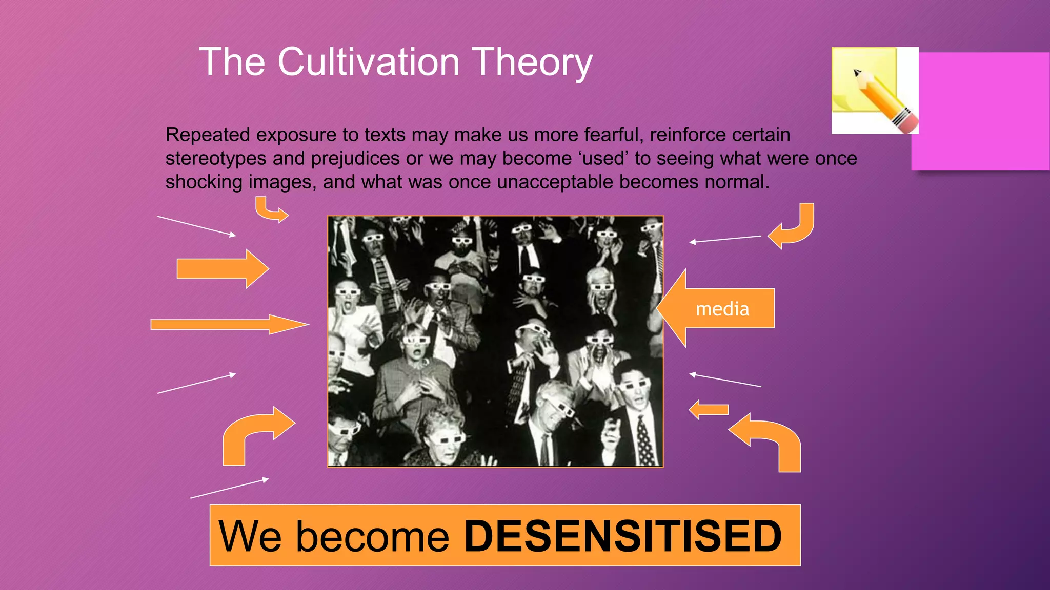 The Cultivation Theory
Repeated exposure to texts may make us more fearful, reinforce certain
stereotypes and prejudices or we may become ‘used’ to seeing what were once
shocking images, and what was once unacceptable becomes normal.
We become DESENSITISED
media
 